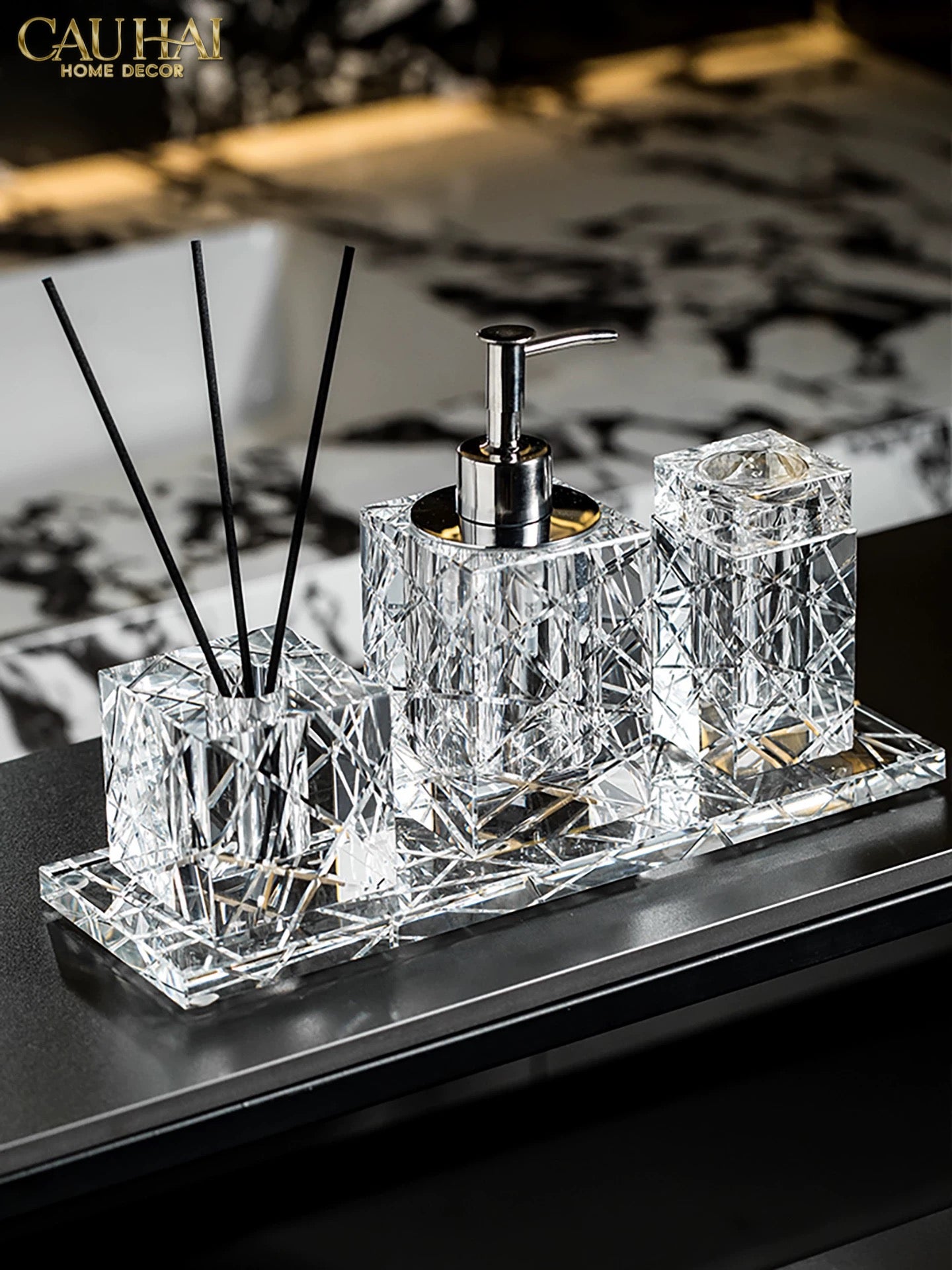 Maison Couture - Set Nhà Tắm Pha Lê Lumière Cristalleries Bathroom Vanity Set - Smoky Cannage Facetté Set 4pcs-CẬU HAI HOME DECOR