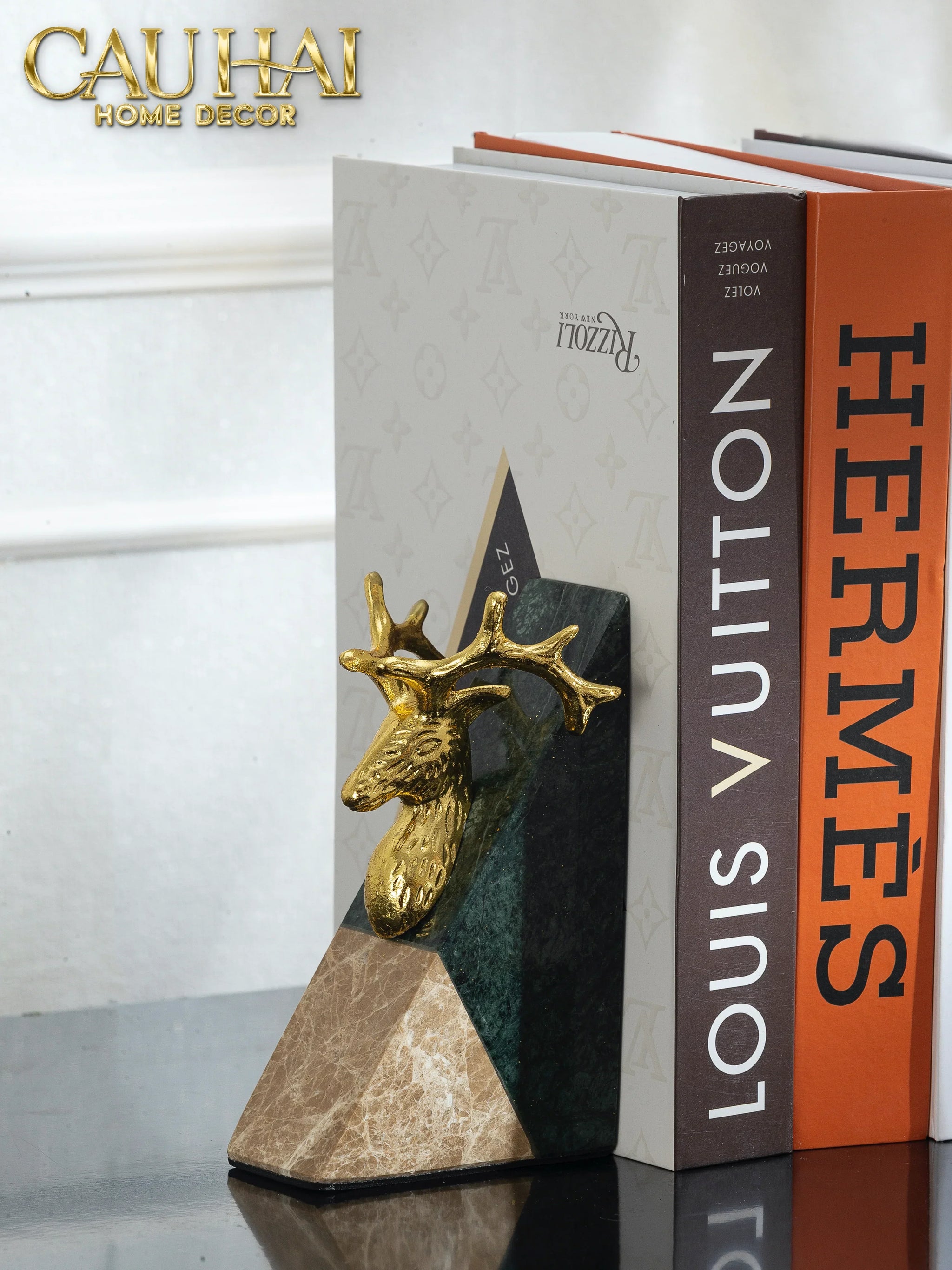 Maison Couture - Set Tượng Chặn Sách Đá Marble Brasson Divine Antler Bookend 20x10x15-CẬU HAI HOME DECOR