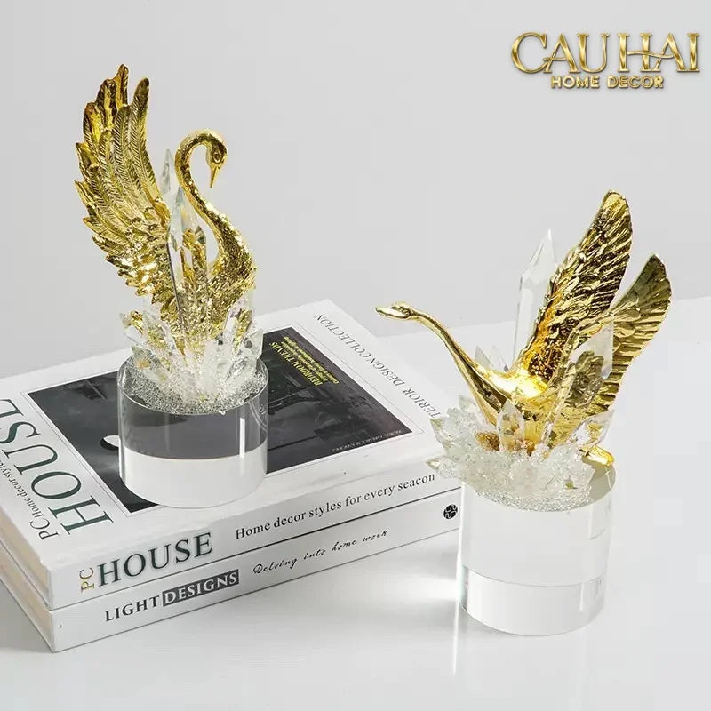 Maison Couture - Set Tượng Đôi Thiên Nga Cygnes Royaux aux Ailes Déployées Cristalleries Quartz Blanc 22/25-CẬU HAI HOME DECOR