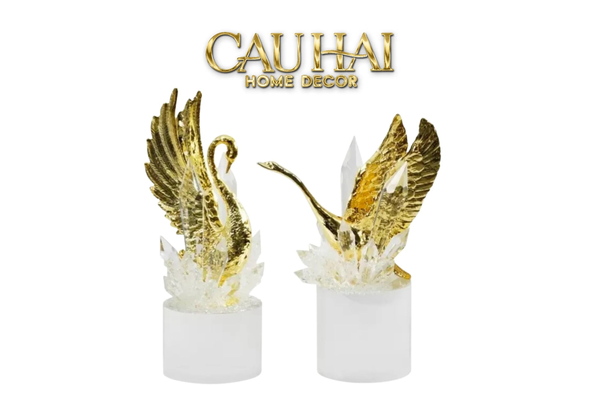Maison Couture - Set Tượng Đôi Thiên Nga Cygnes Royaux aux Ailes Déployées Cristalleries Quartz Blanc 22/25-CẬU HAI HOME DECOR