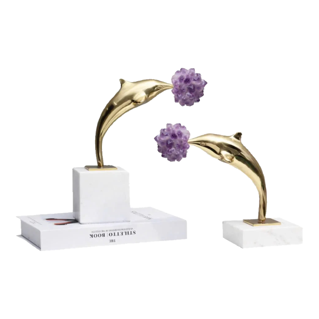 Maison Couture - Set 2 Tượng Cá Heo Bằng Đồng Đá Thạch Anh Tím - Brasson Dolphin Serendipity Amethyst 17x22/28