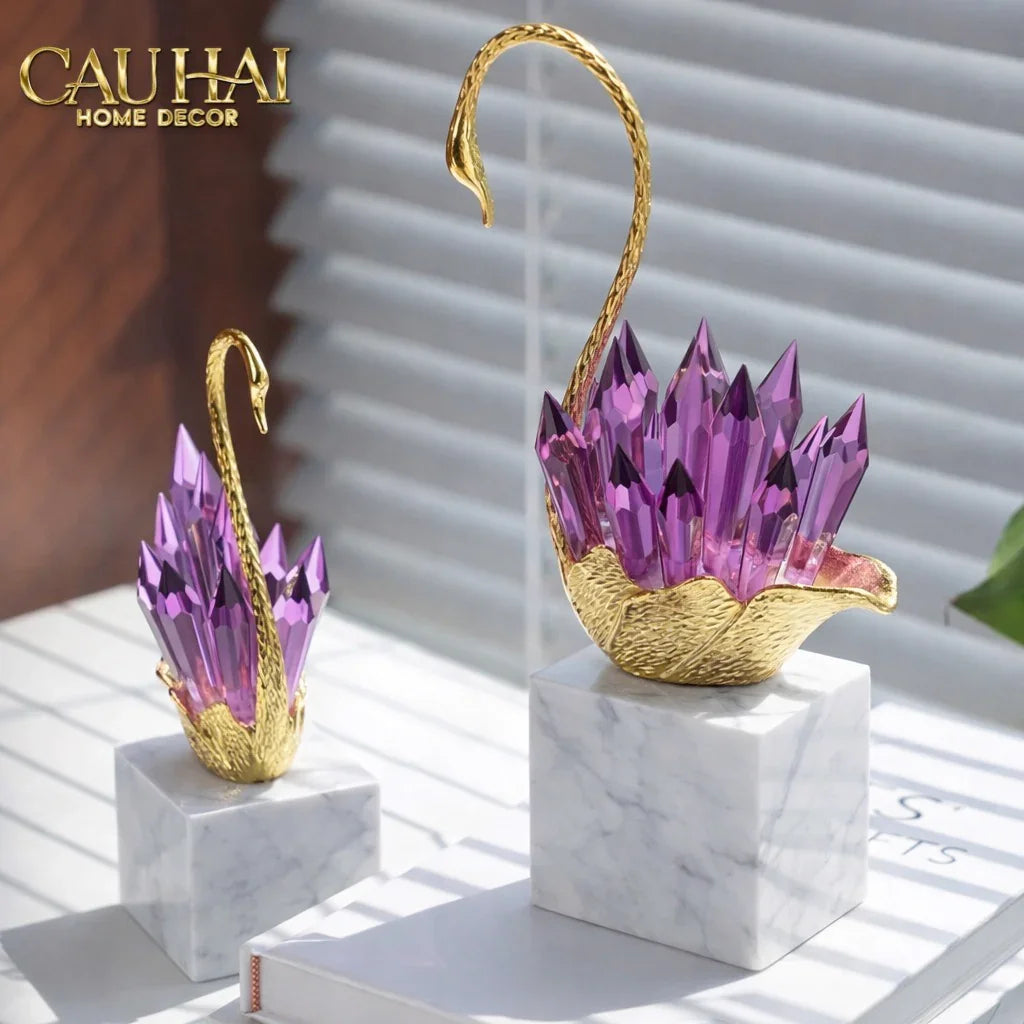 Maison Couture - Set Tượng Thiên Nga Pha Lê Tím Đế Đá Marble Swan D’Amour - Lilac Cristalleries-CẬU HAI HOME DECOR