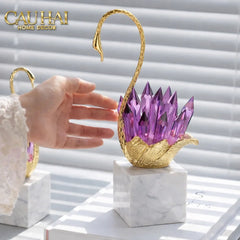 Maison Couture - Set Tượng Thiên Nga Pha Lê Tím Đế Đá Marble Swan D’Amour - Lilac Cristalleries-CẬU HAI HOME DECOR