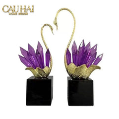Maison Couture - Set Tượng Thiên Nga Pha Lê Tím Đế Đá Marble Swan D’Amour - Lilac Cristalleries-CẬU HAI HOME DECOR
