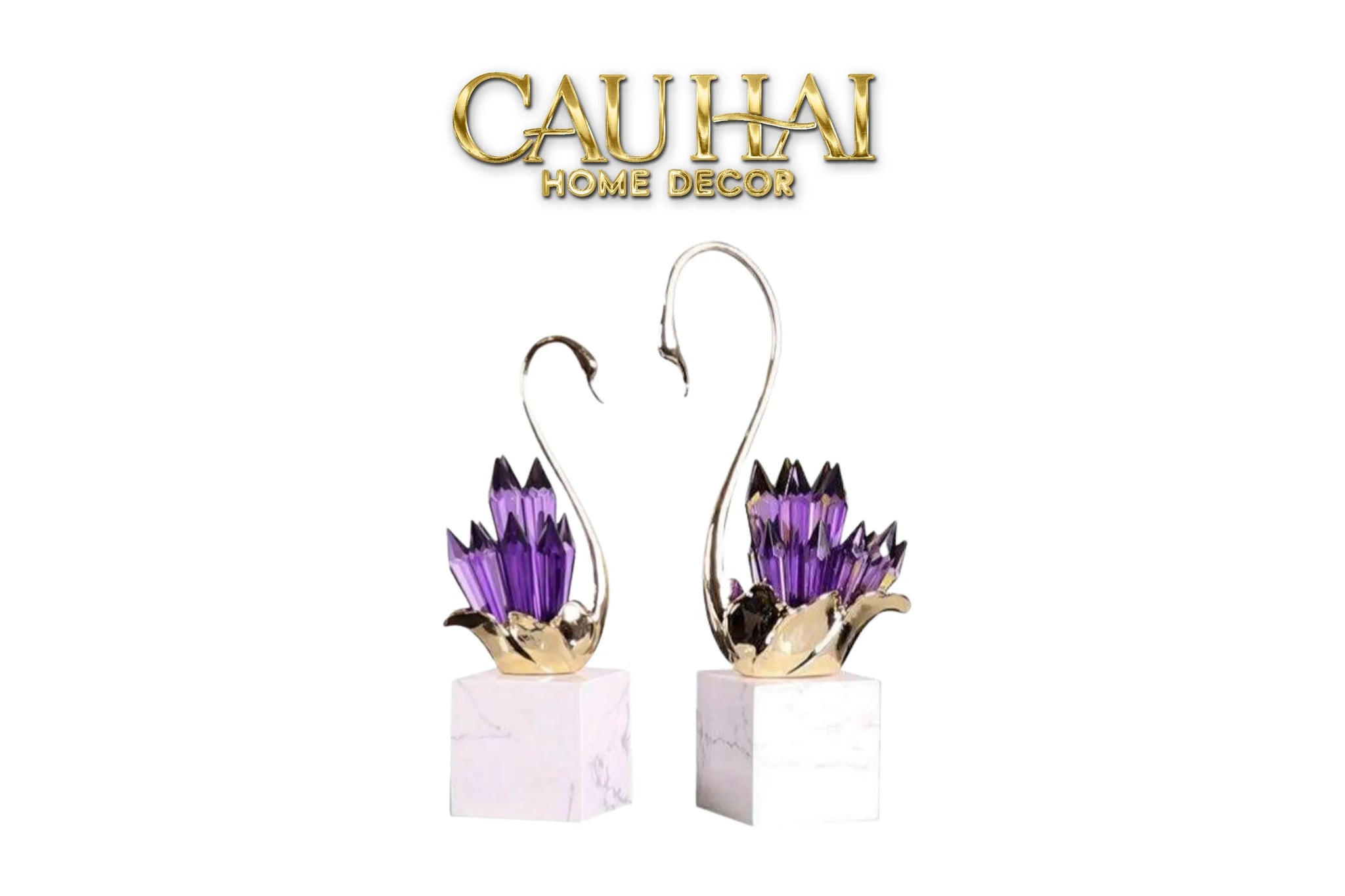Maison Couture - Set Tượng Thiên Nga Pha Lê Tím Đế Đá Marble Swan D’Amour - Lilac Cristalleries-CẬU HAI HOME DECOR