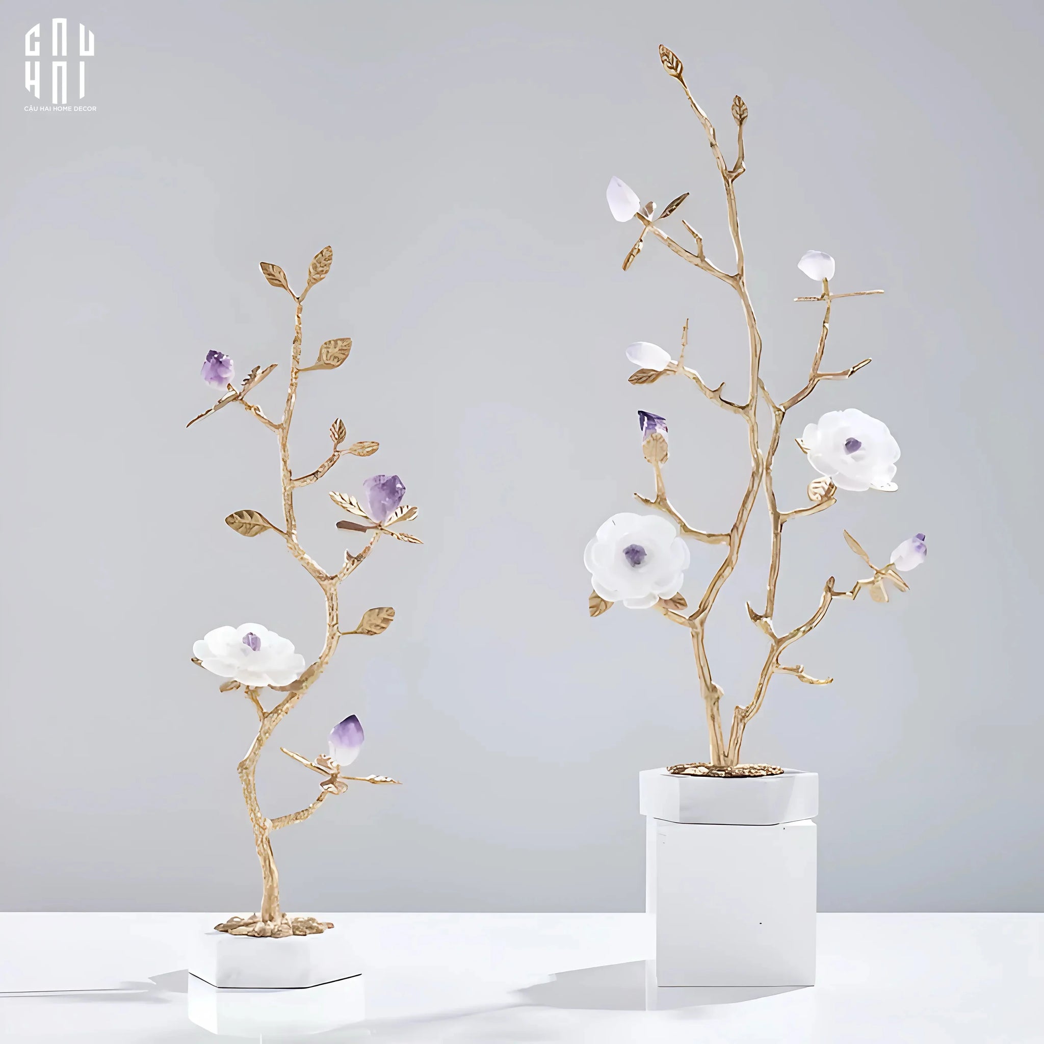 Maison Couture - Tượng Cây Nở Hoa Bằng Đồng Đá Thạch Anh Trắng Brasson Quartz Golden Hesperides 22x65-CẬU HAI HOME DECOR