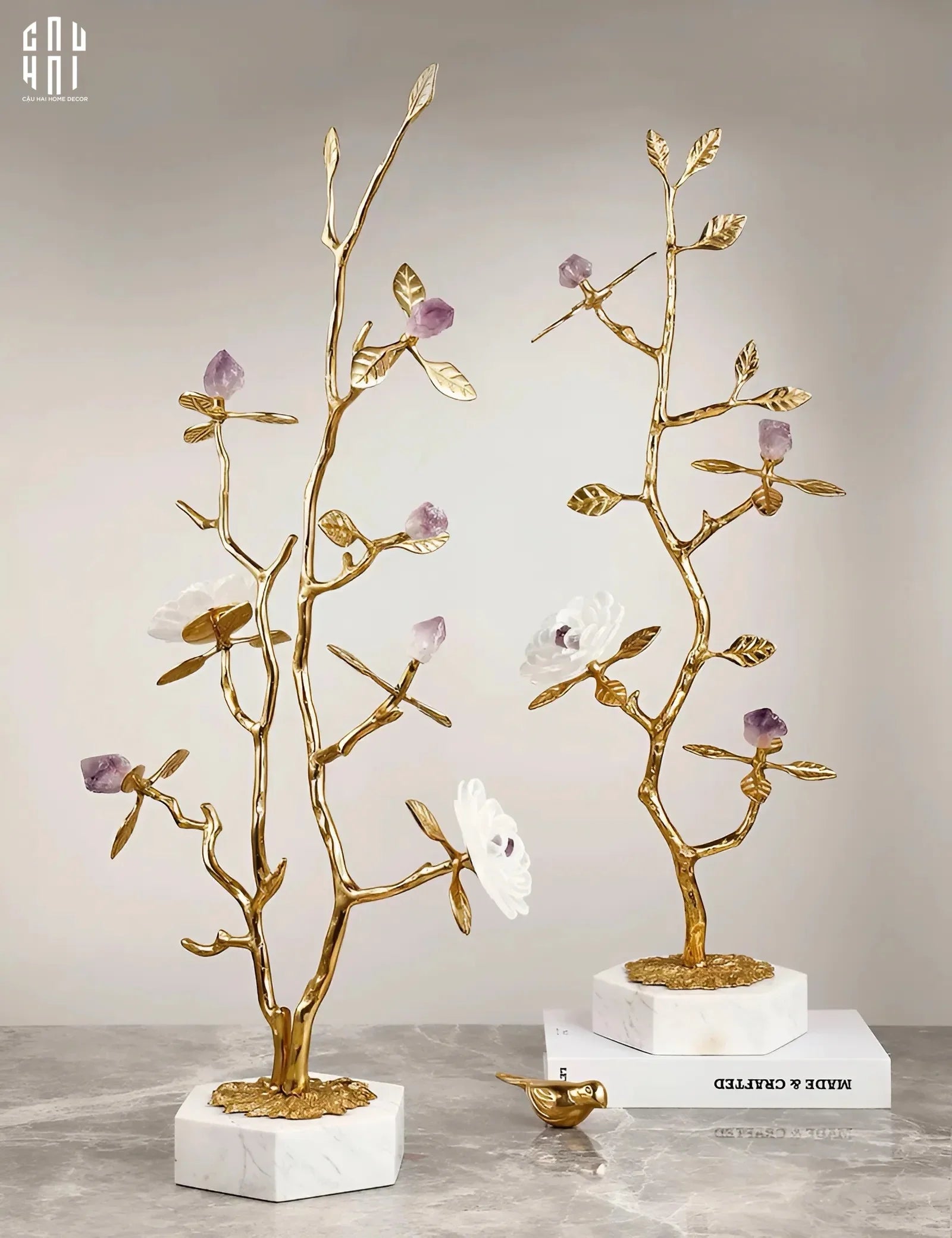 Maison Couture - Tượng Cây Nở Hoa Bằng Đồng Đá Thạch Anh Trắng Brasson Quartz Golden Hesperides 22x65-CẬU HAI HOME DECOR