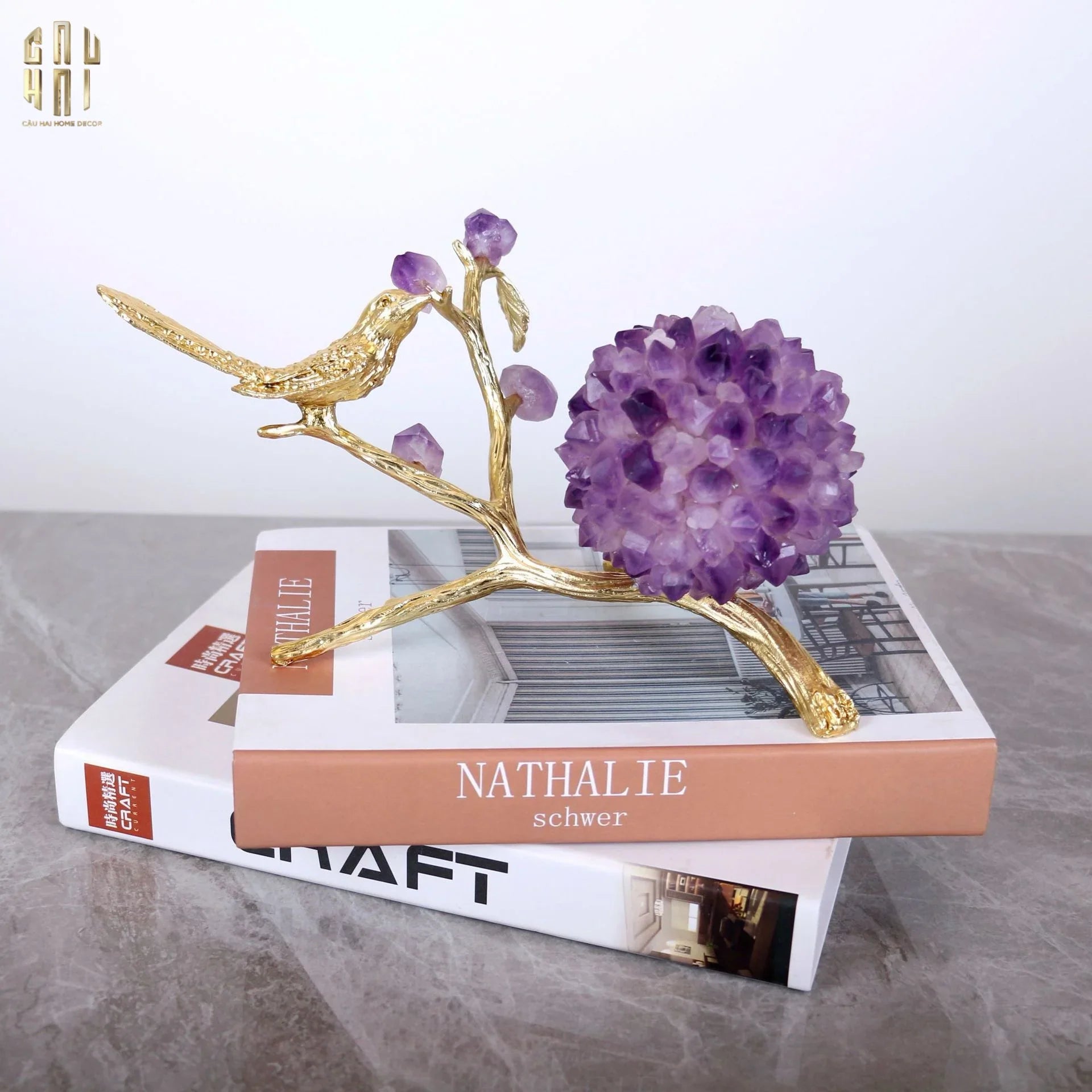 Maison Couture - Tượng Chim Bằng Đồng Đá Thạch Anh Tím Brasson Nightingale Amethyst 24x12x12-CẬU HAI HOME DECOR