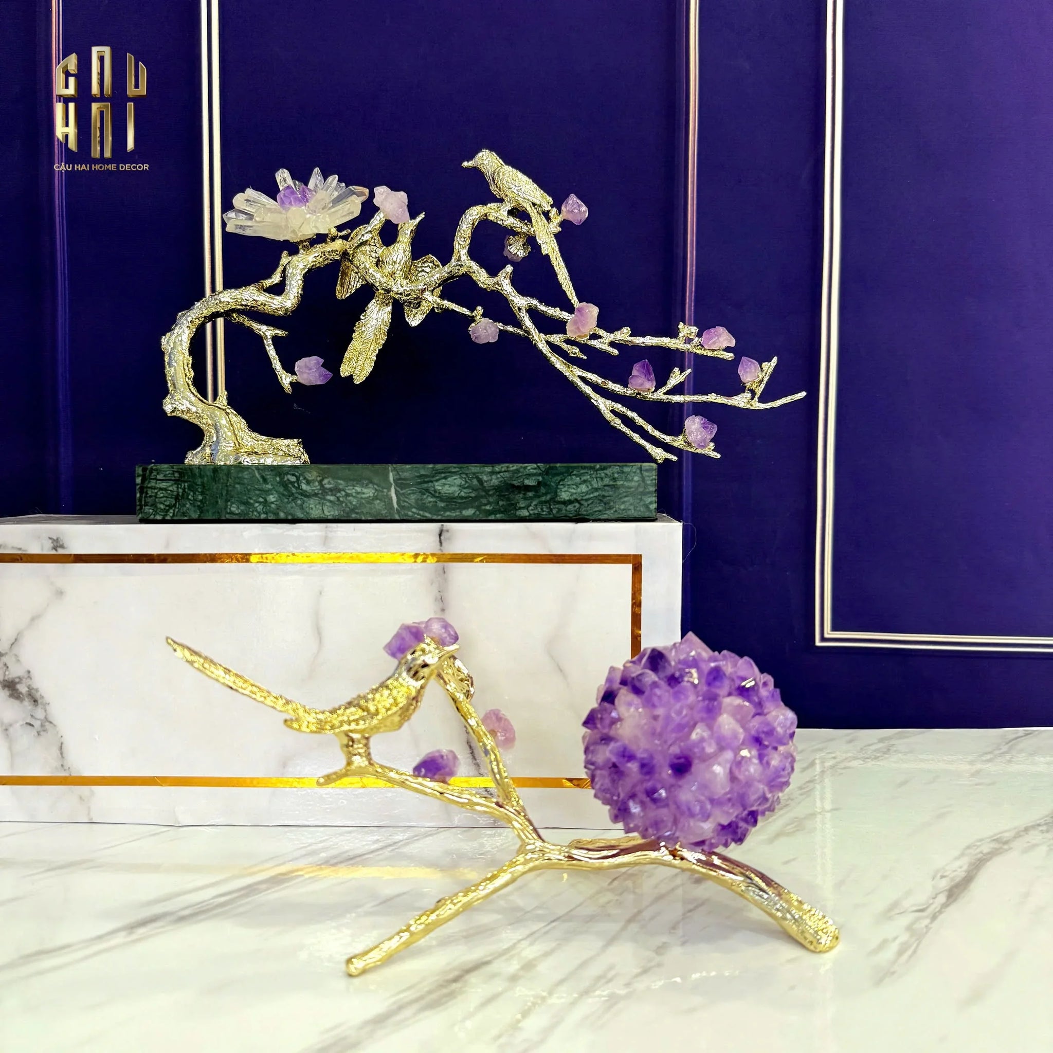 Maison Couture - Tượng Chim Bằng Đồng Đá Thạch Anh Tím Brasson Nightingale Amethyst 24x12x12-CẬU HAI HOME DECOR