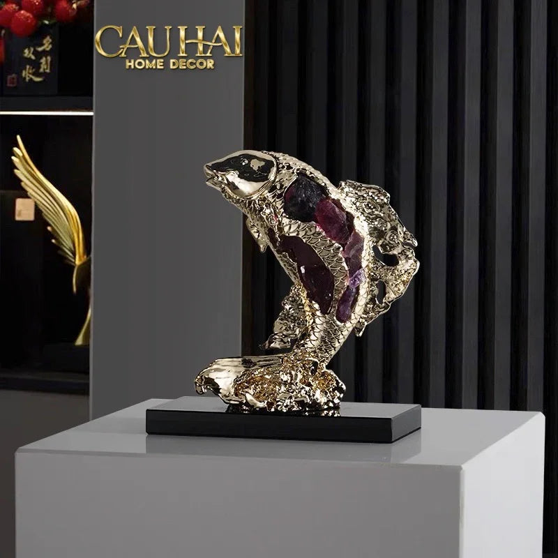 Maison Couture - Tượng Đồng Cá Chép Đá Thạch Anh Tím Royale Amethyst Dragon Ascend H22x29-CẬU HAI HOME DECOR