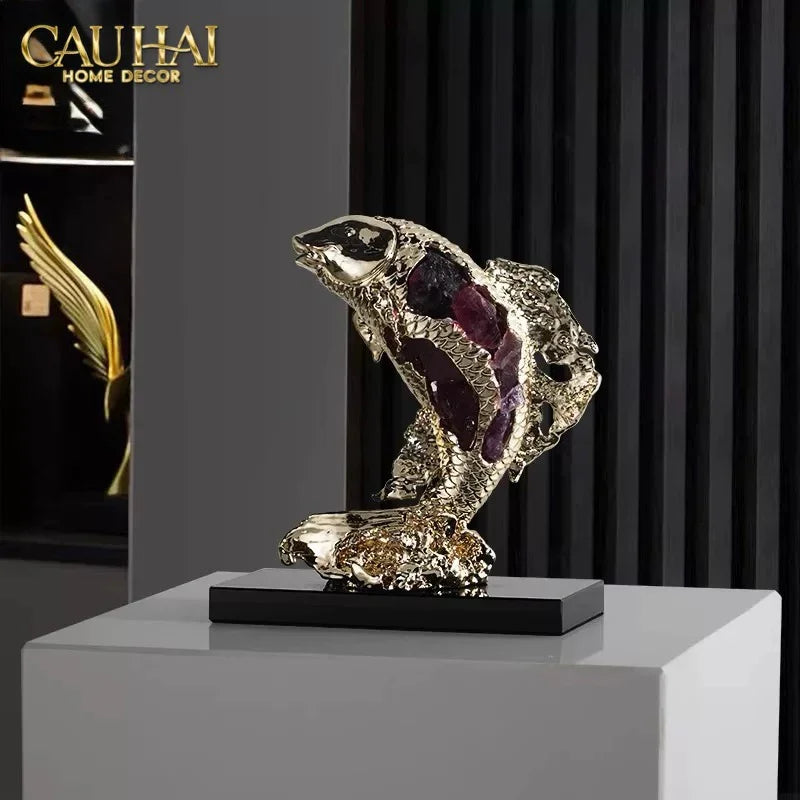 Maison Couture - Tượng Đồng Cá Chép Đá Thạch Anh Tím Royale Amethyst Dragon Ascend H22x29-CẬU HAI HOME DECOR