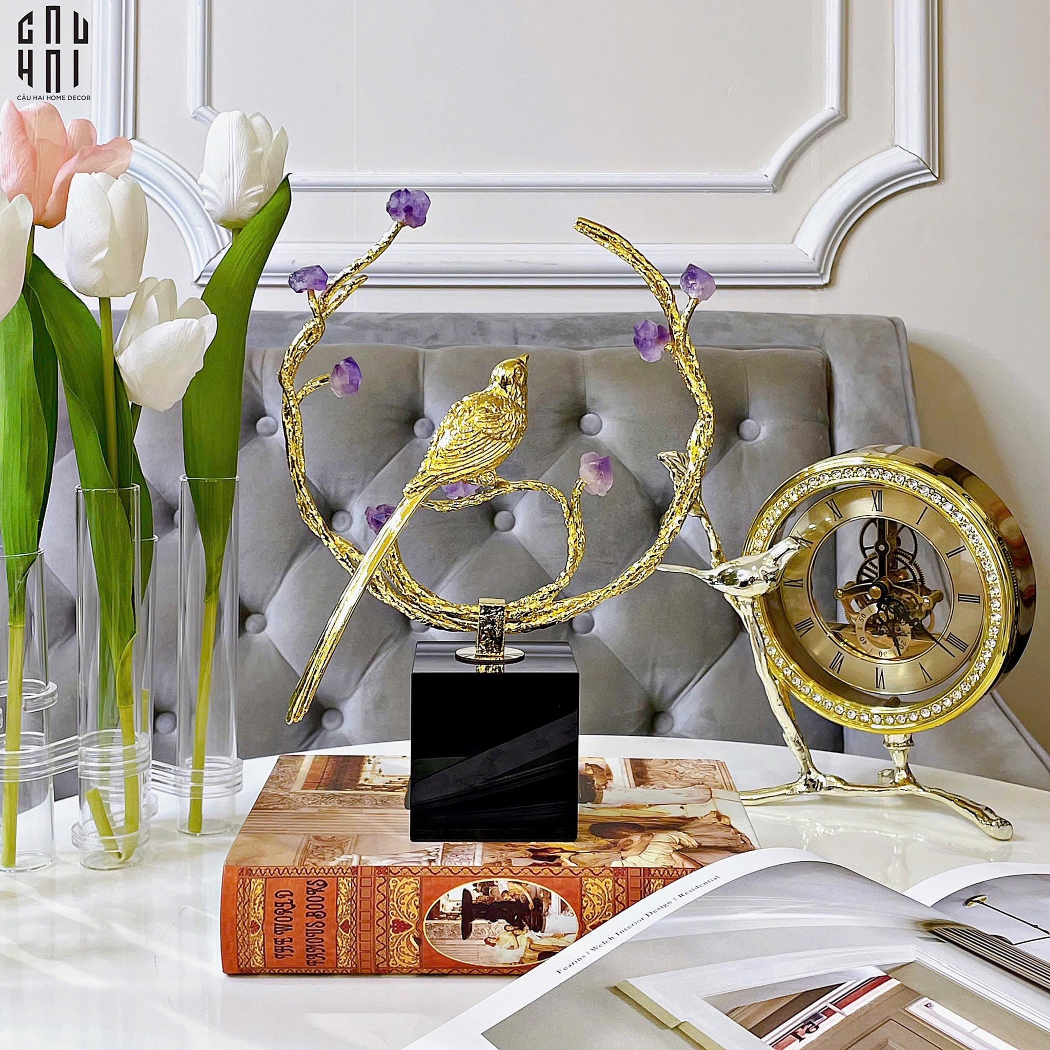 Maison Couture - Tượng Đồng Đá Thạch Anh Tím - Amethyst Branch Golden Bird Harmony 27x18.5-CẬU HAI HOME DECOR