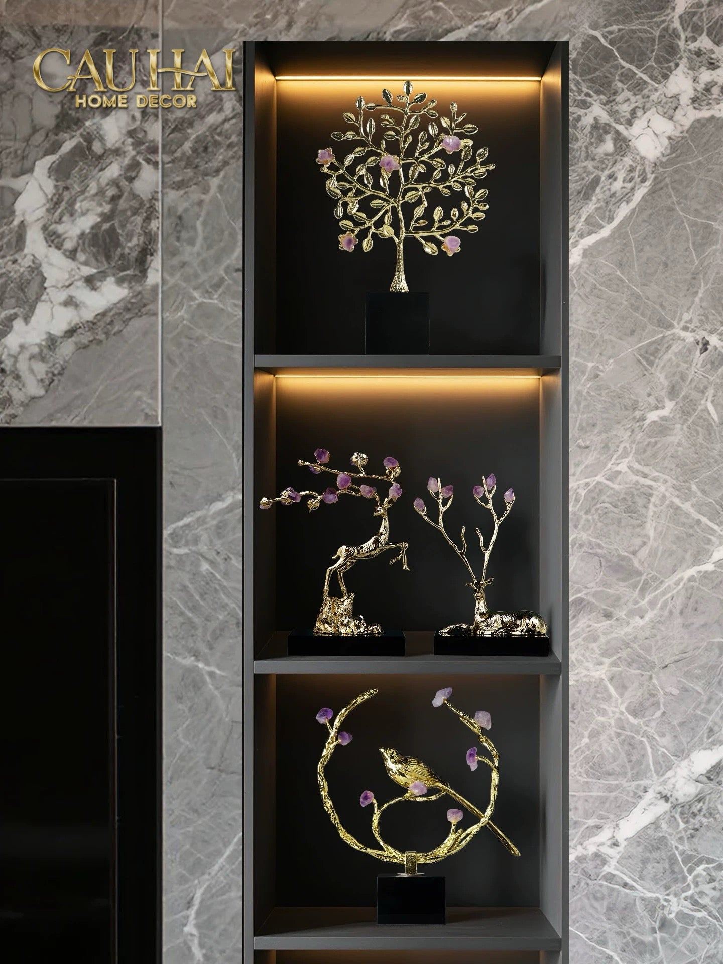 Maison Couture - Tượng Đồng Đá Thạch Anh Tím - Amethyst Branch Golden Bird Harmony 27x18.5-CẬU HAI HOME DECOR
