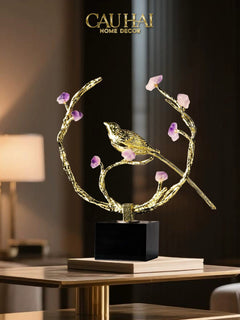 Maison Couture - Tượng Đồng Đá Thạch Anh Tím - Amethyst Branch Golden Bird Harmony 27x18.5-CẬU HAI HOME DECOR