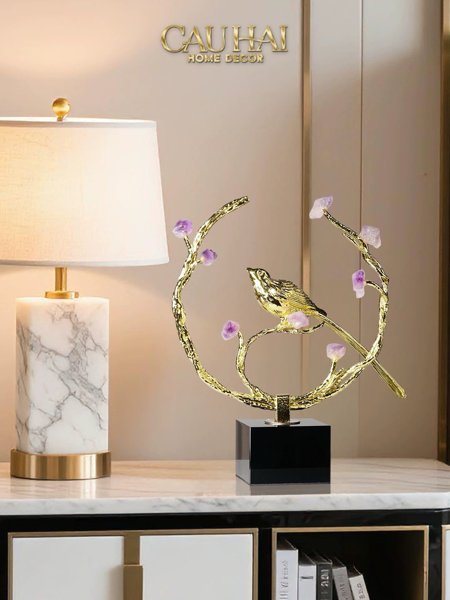 Maison Couture - Tượng Đồng Đá Thạch Anh Tím - Amethyst Branch Golden Bird Harmony 27x18.5-CẬU HAI HOME DECOR