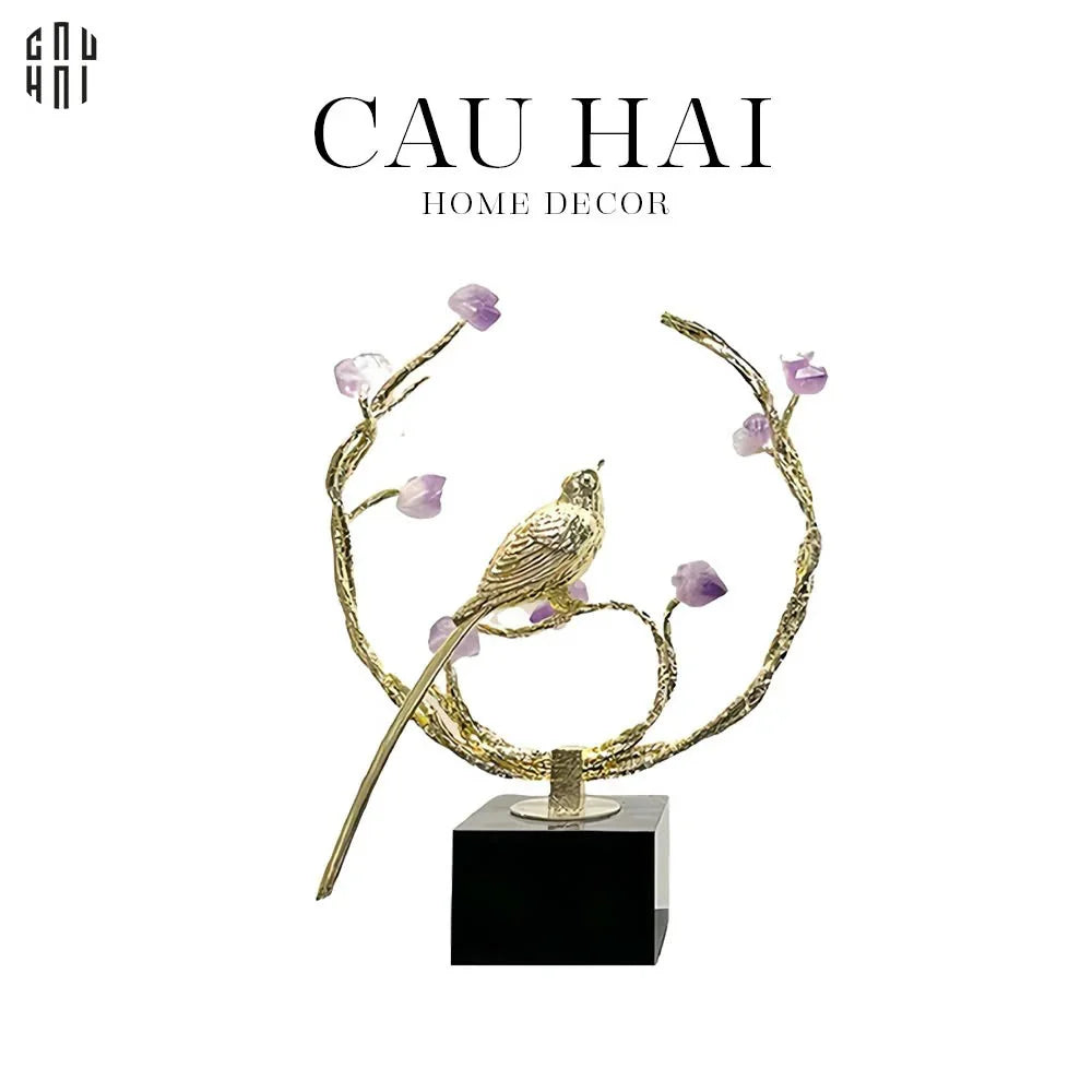 Maison Couture - Tượng Đồng Đá Thạch Anh Tím - Amethyst Branch Golden Bird Harmony 27x18.5-CẬU HAI HOME DECOR