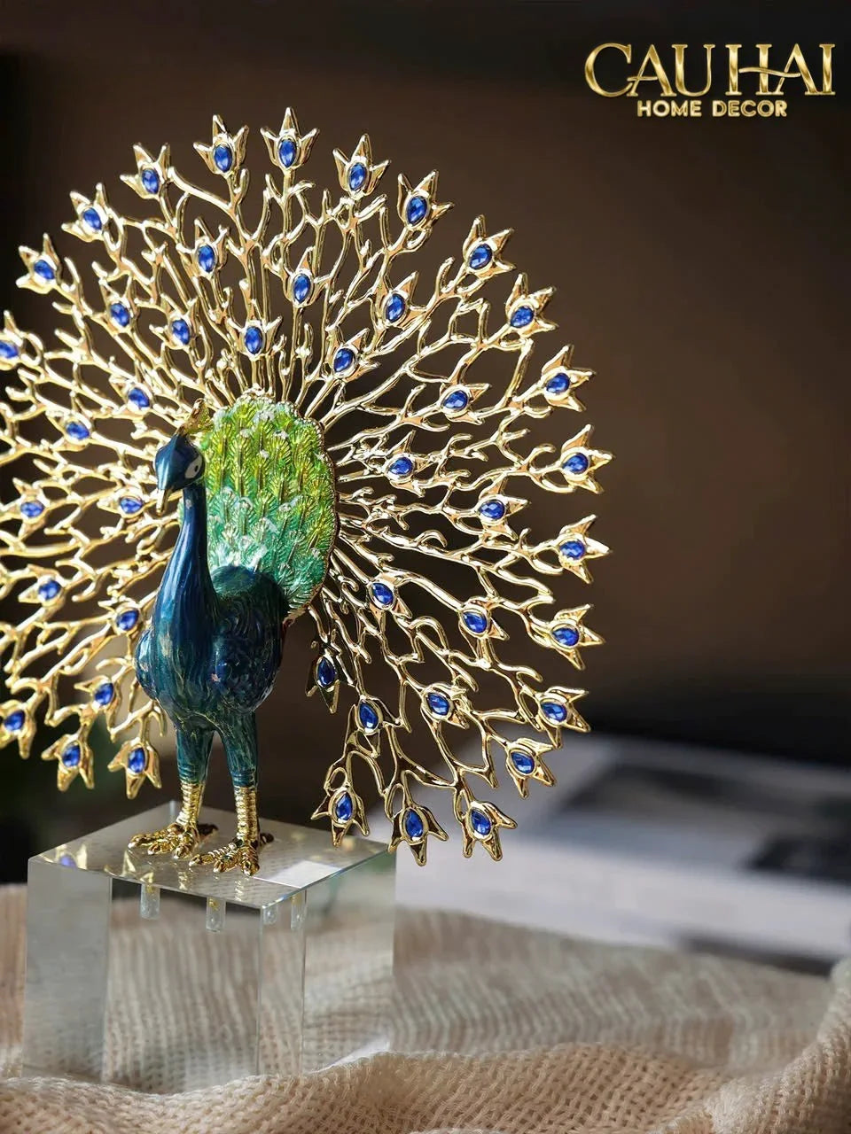 Maison Couture - Tượng Đồng Khổng Tước Đá Sapphire - Le Paon Impérial Bleu Saphir Cristalleries-CẬU HAI HOME DECOR
