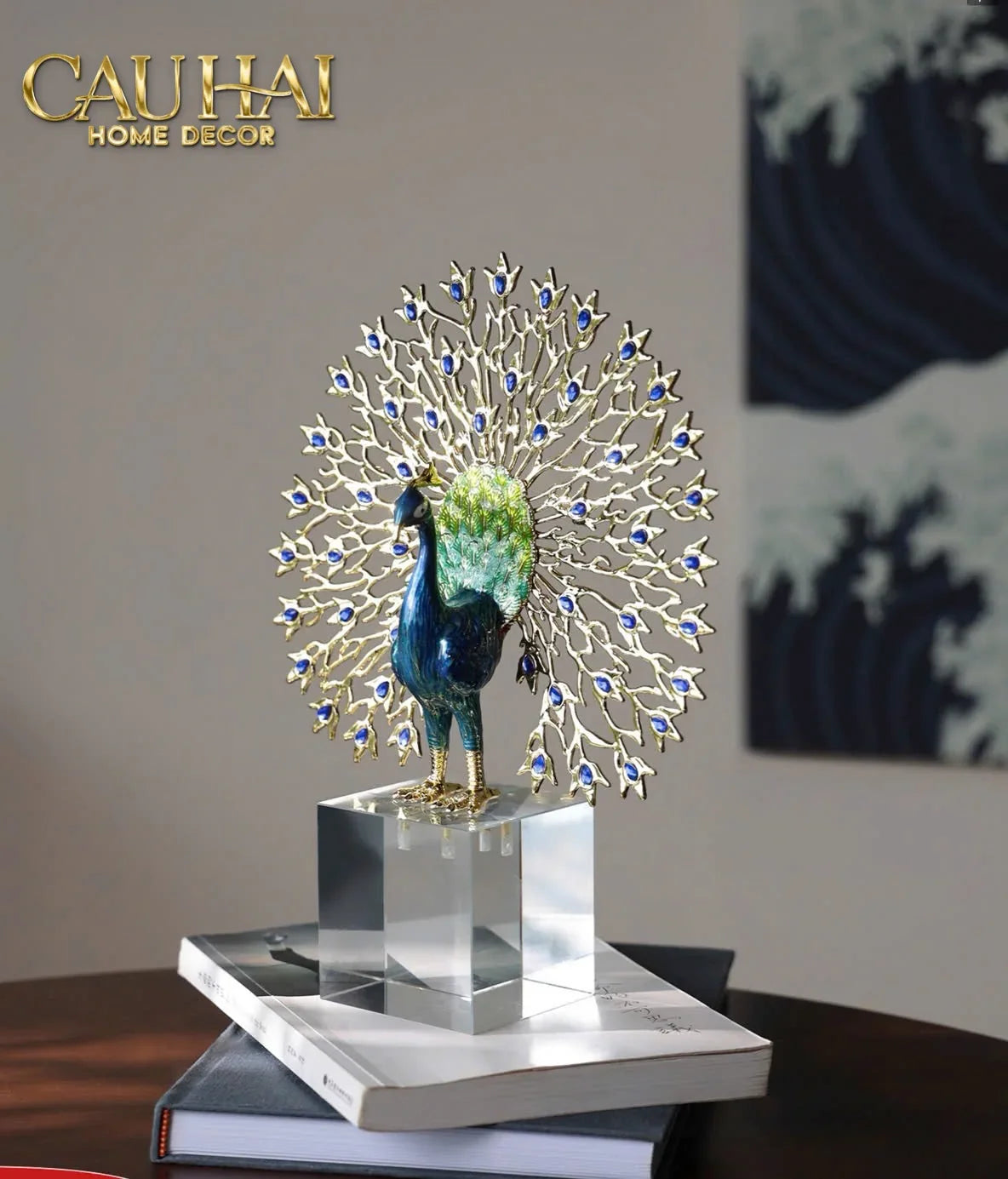 Maison Couture - Tượng Đồng Khổng Tước Đá Sapphire - Le Paon Impérial Bleu Saphir Cristalleries-CẬU HAI HOME DECOR