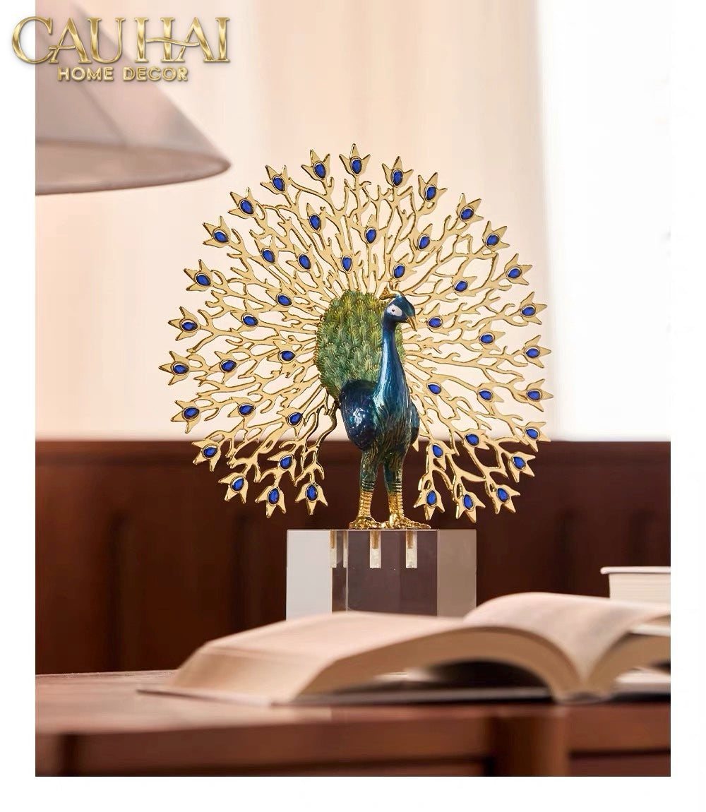 Maison Couture - Tượng Đồng Khổng Tước Đá Sapphire - Le Paon Impérial Bleu Saphir Cristalleries-TƯỢNG TRANG TRÍ-Đối tác tại Trung Quốc theo từng đơn đặt hàng-CẬU HAI HOME DECOR