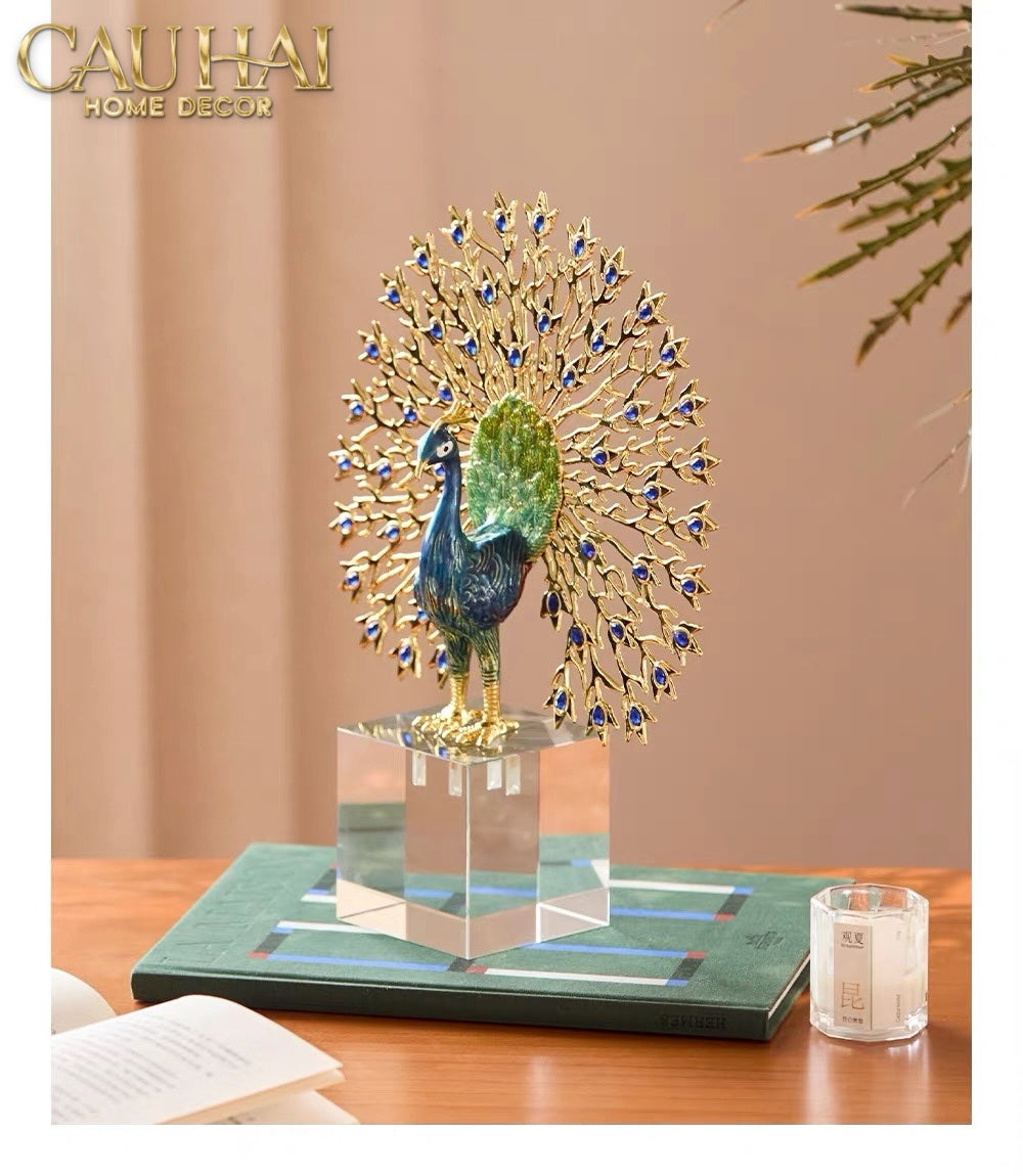 Maison Couture - Tượng Đồng Khổng Tước Đá Sapphire - Le Paon Impérial Bleu Saphir Cristalleries-TƯỢNG TRANG TRÍ-Đối tác tại Trung Quốc theo từng đơn đặt hàng-CẬU HAI HOME DECOR