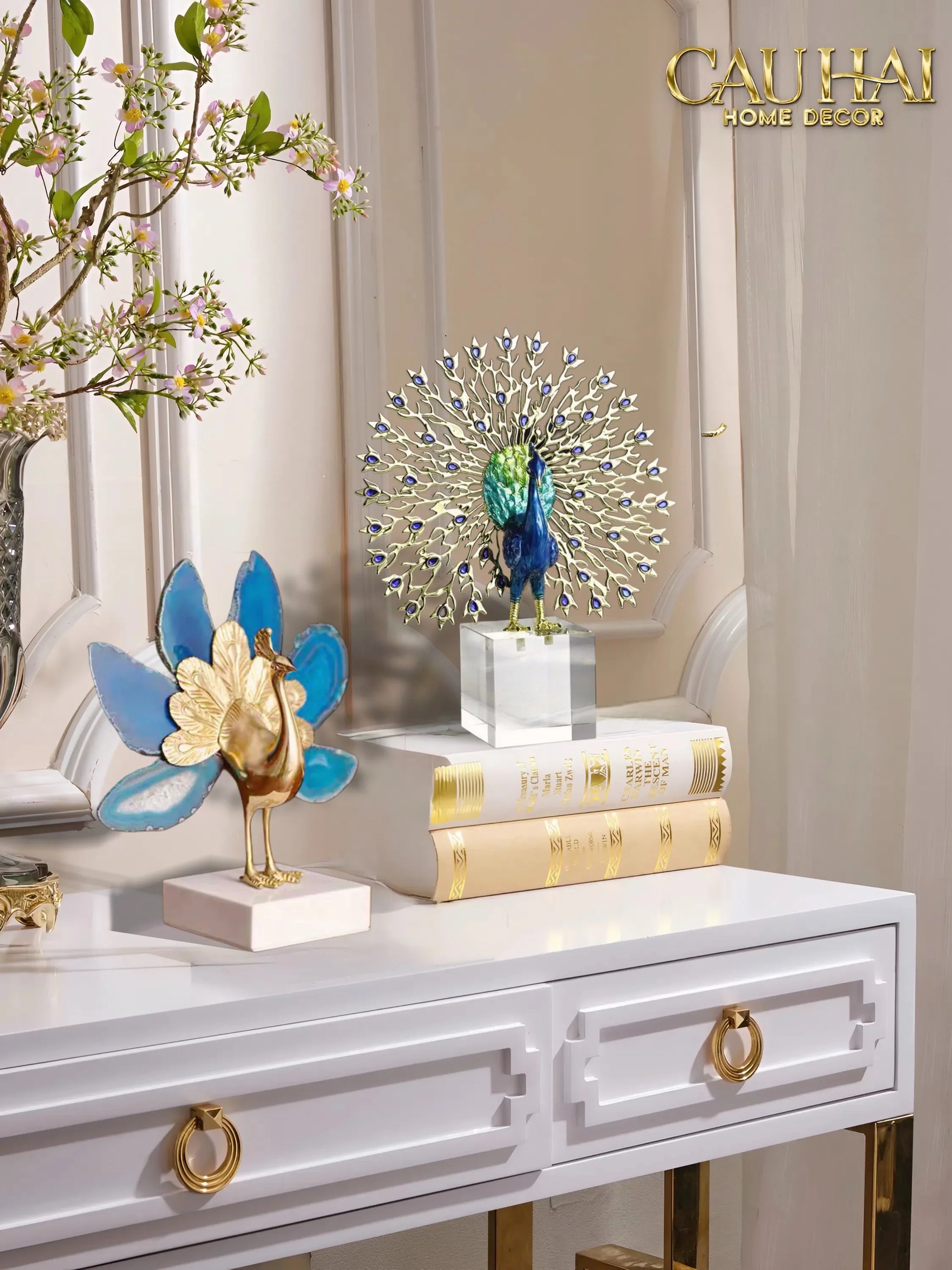 Maison Couture - Tượng Đồng Khổng Tước Đá Sapphire - Le Paon Impérial Bleu Saphir Cristalleries-CẬU HAI HOME DECOR