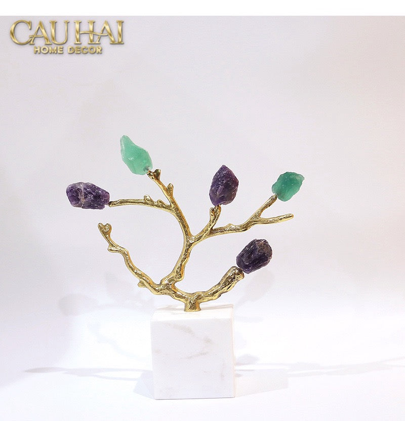 Maison Couture - Tượng Đồng Nhánh Cây Đá Thạch Anh Amethyst Aventurine Tree of Fortune 25x8x26-CẬU HAI HOME DECOR