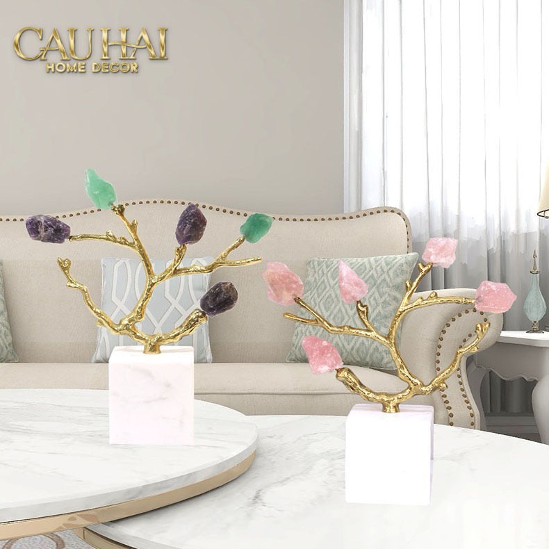 Maison Couture - Tượng Đồng Nhánh Cây Đá Thạch Anh Amethyst Aventurine Tree of Fortune 25x8x26-CẬU HAI HOME DECOR