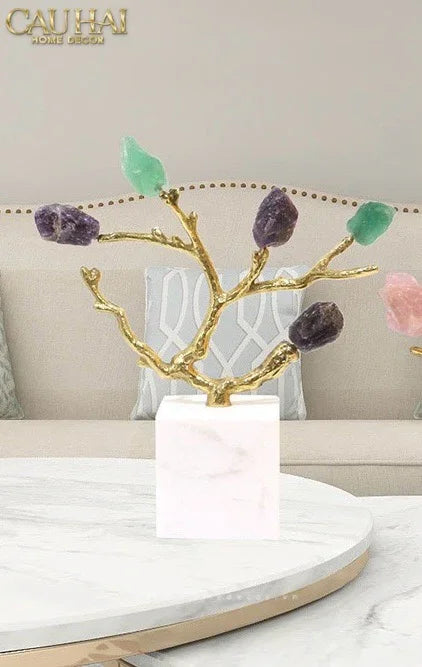Maison Couture - Tượng Đồng Nhánh Cây Đá Thạch Anh Amethyst Aventurine Tree of Fortune 25x8x26-CẬU HAI HOME DECOR