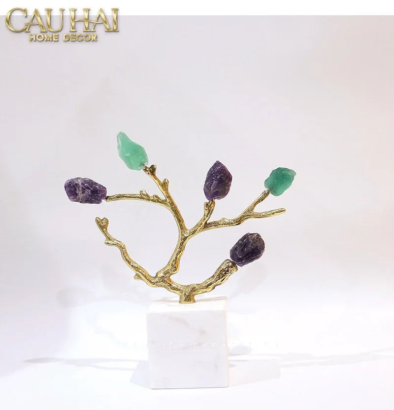 Maison Couture - Tượng Đồng Nhánh Cây Đá Thạch Anh Amethyst Aventurine Tree of Fortune 25x8x26-CẬU HAI HOME DECOR