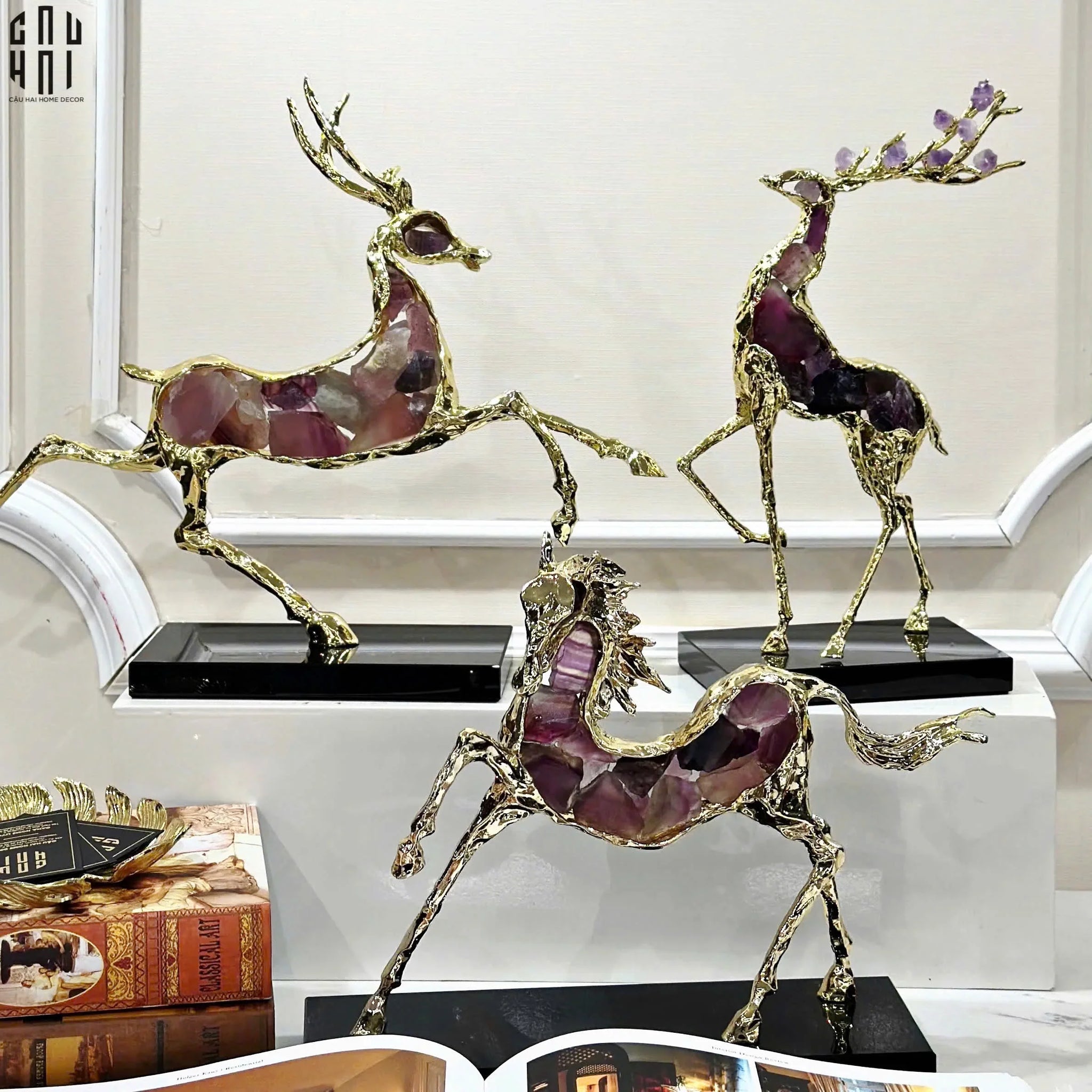 Maison Couture - Tượng Hươu Chạy Bằng Đồng Đá Thạch Anh Tím Amethyst Bolting Elk 42.5x34-CẬU HAI HOME DECOR