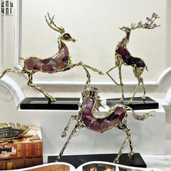 Maison Couture - Tượng Hươu Chạy Bằng Đồng Đá Thạch Anh Tím Amethyst Bolting Elk 42.5x34-CẬU HAI HOME DECOR