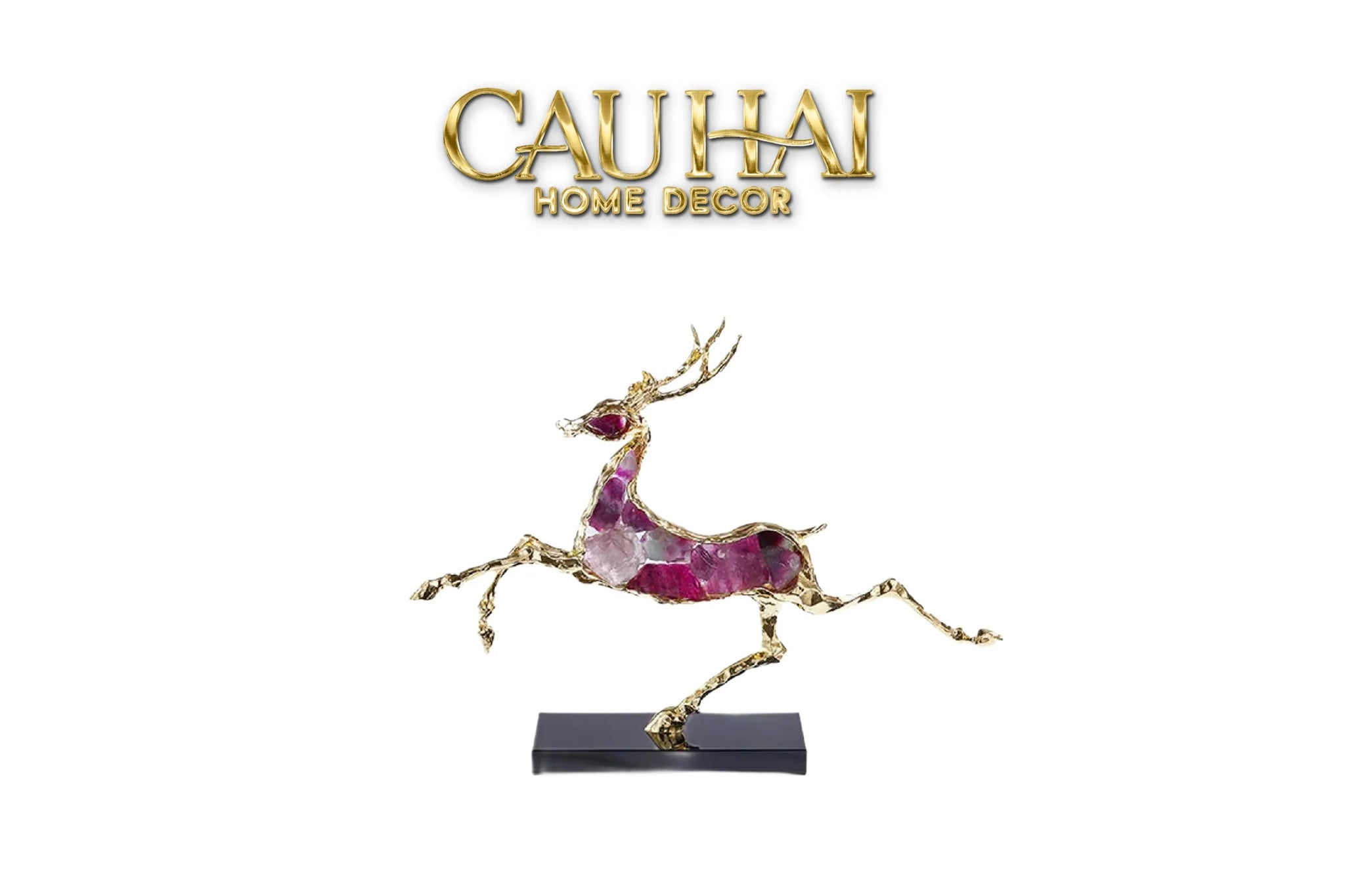 Maison Couture - Tượng Hươu Chạy Bằng Đồng Đá Thạch Anh Tím Amethyst Bolting Elk 42.5x34-CẬU HAI HOME DECOR