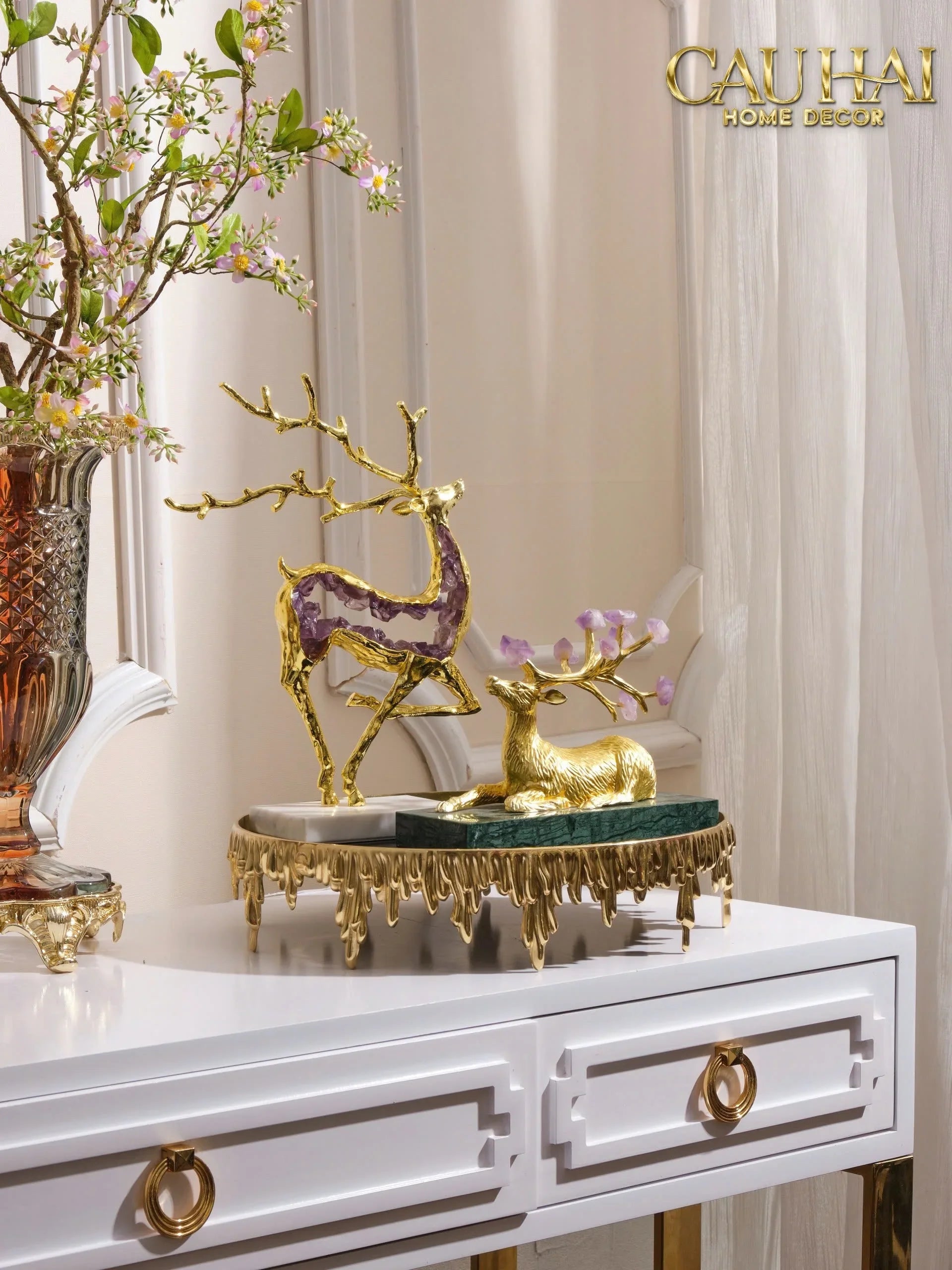 Maison Couture - Tượng Hươu Đồng Brasson Amethyst Jewelry Celestial Elk 21x30'-CẬU HAI HOME DECOR