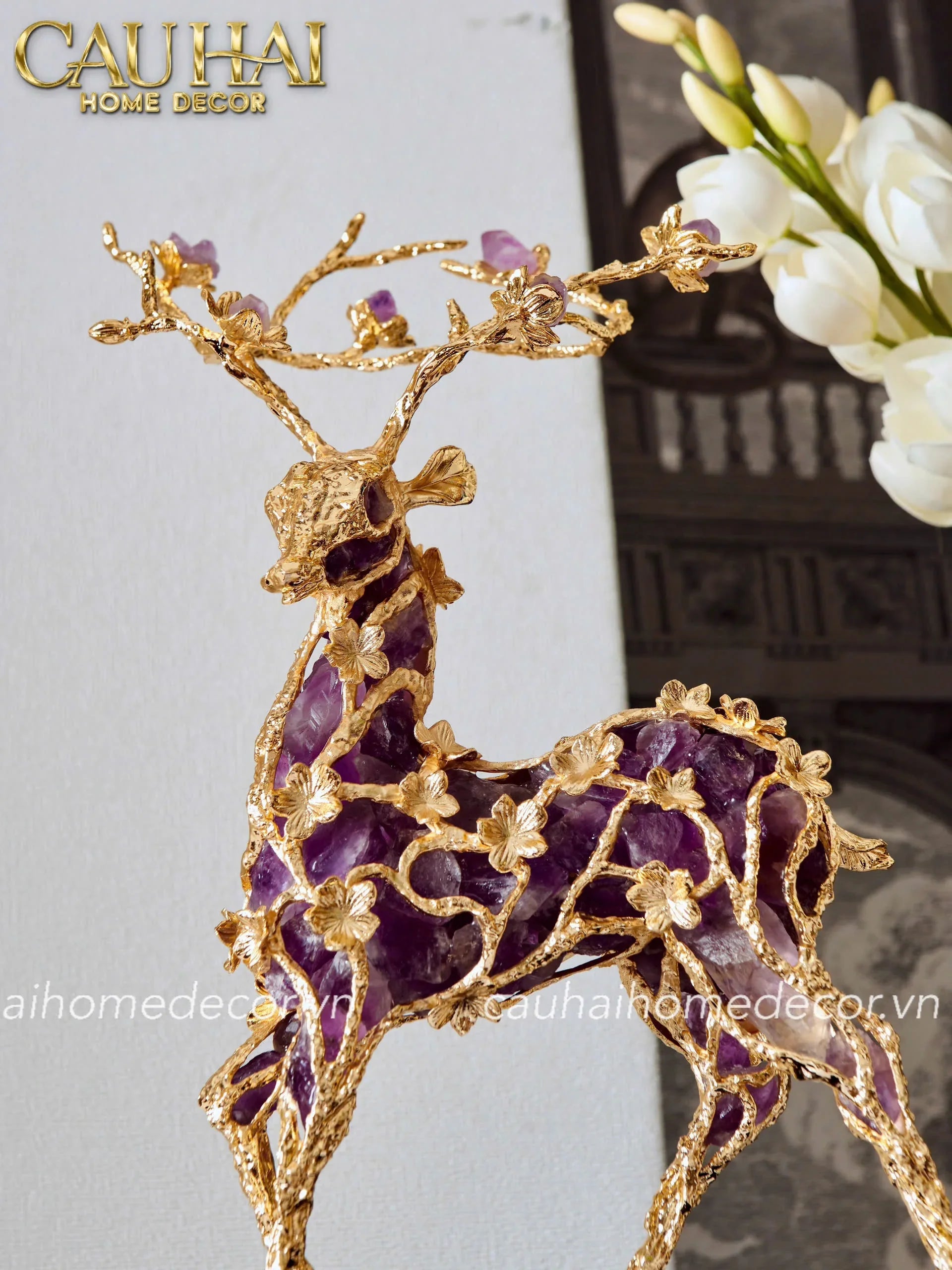 Maison Couture - Tượng Hươu Đồng Đá Thạch Anh Tím Sentinel Prima Gemstones Antler - H44x26-CẬU HAI HOME DECOR
