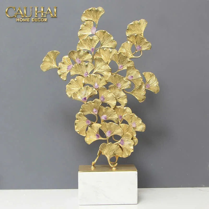 Maison Couture - Tượng Lá Ngân Hạnh Bằng Đồng - Đá Thạch Anh Tím Grandeur Brasson Ginkgo Amethyst 35x60-CẬU HAI HOME DECOR