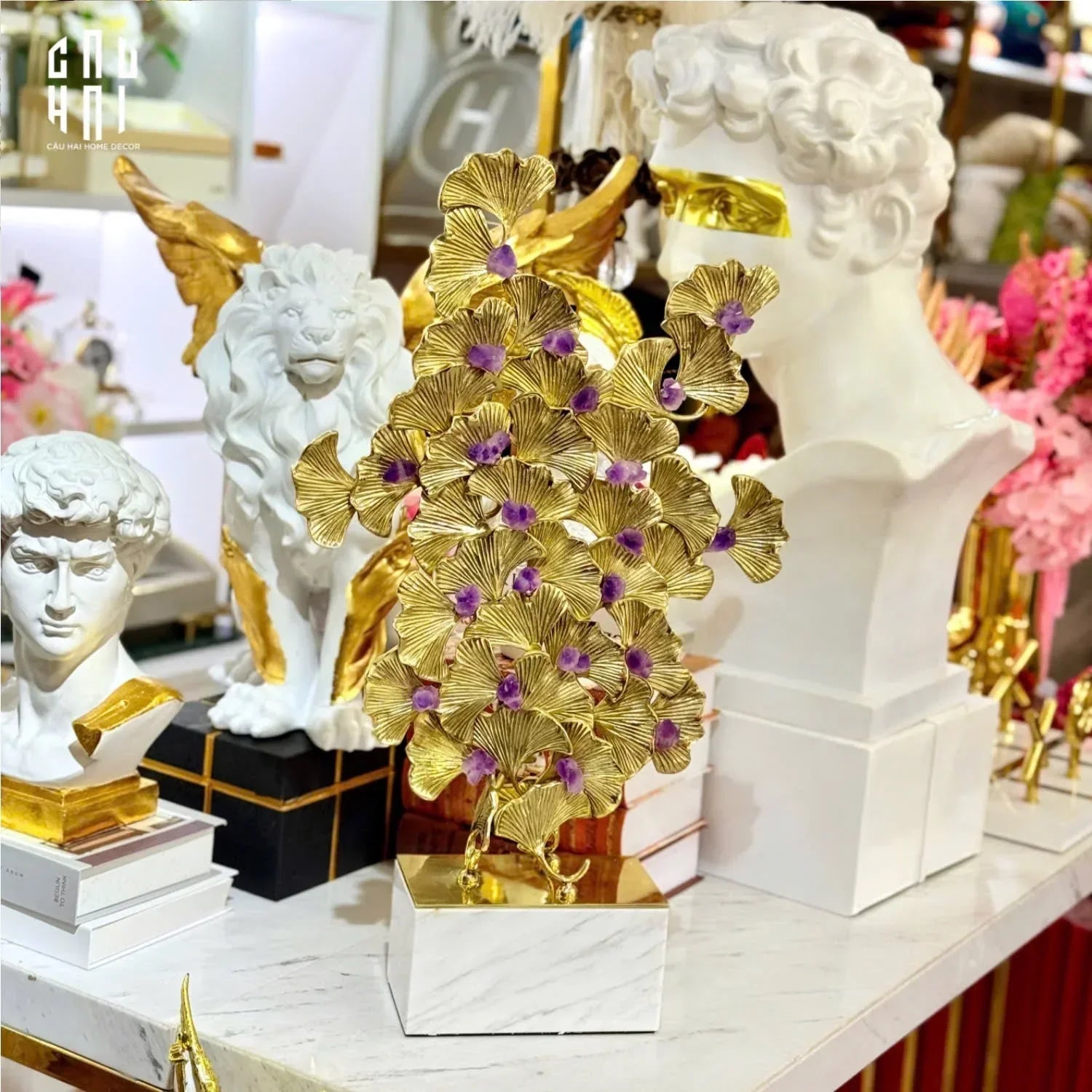 Maison Couture - Tượng Lá Ngân Hạnh Bằng Đồng - Đá Thạch Anh Tím Grandeur Brasson Ginkgo Amethyst 35x60-CẬU HAI HOME DECOR