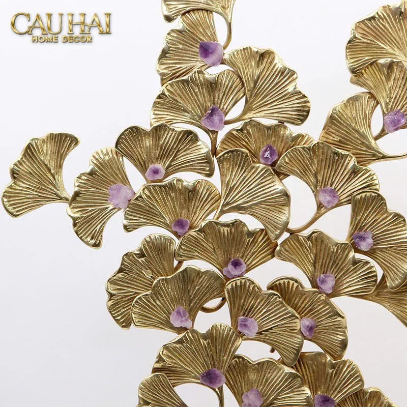 Maison Couture - Tượng Lá Ngân Hạnh Bằng Đồng - Đá Thạch Anh Tím Grandeur Brasson Ginkgo Amethyst 35x60-CẬU HAI HOME DECOR