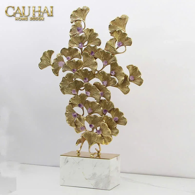 Maison Couture - Tượng Lá Ngân Hạnh Bằng Đồng - Đá Thạch Anh Tím Grandeur Brasson Ginkgo Amethyst 35x60-CẬU HAI HOME DECOR