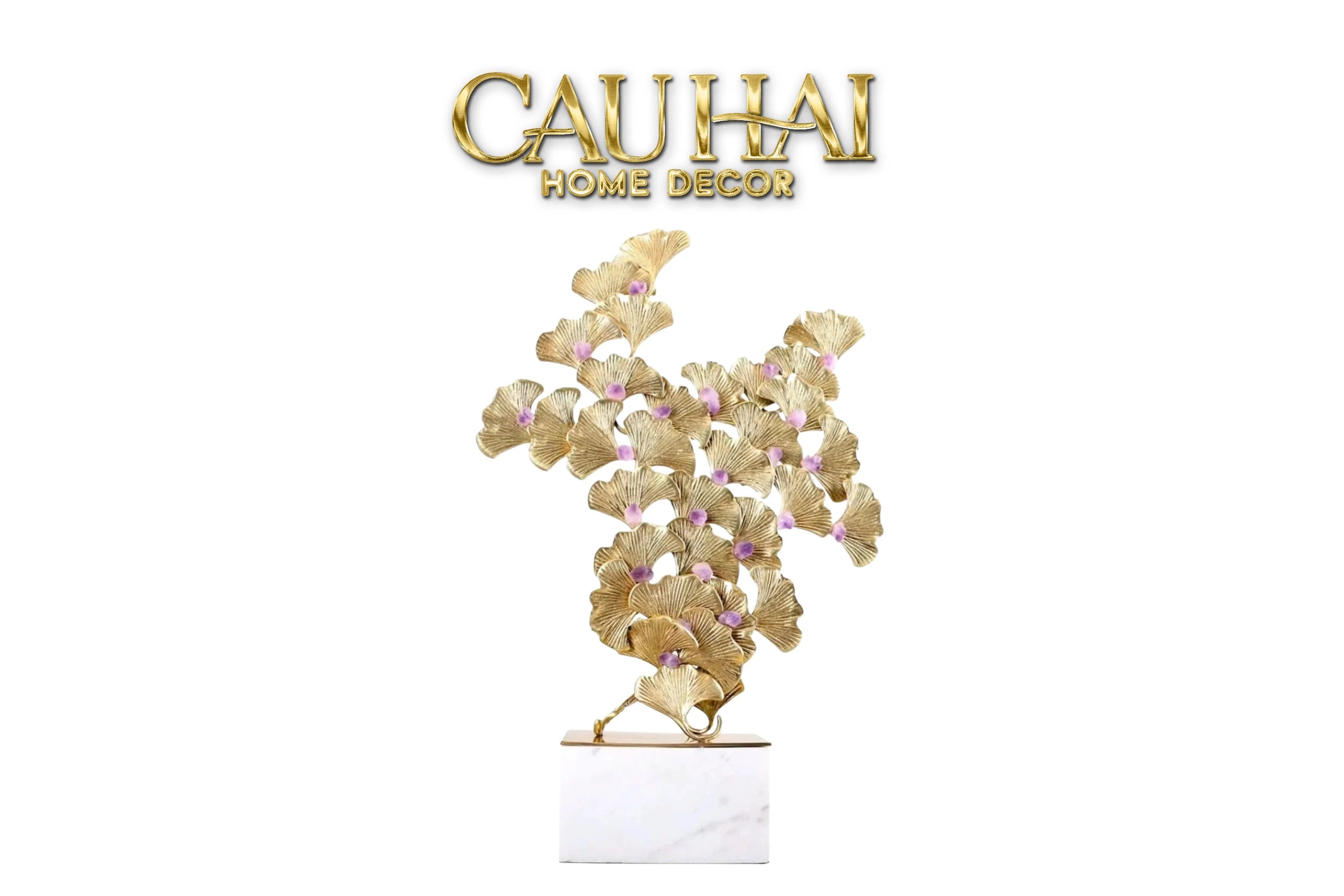 Maison Couture - Tượng Lá Ngân Hạnh Bằng Đồng - Đá Thạch Anh Tím Grandeur Brasson Ginkgo Amethyst 35x60-CẬU HAI HOME DECOR