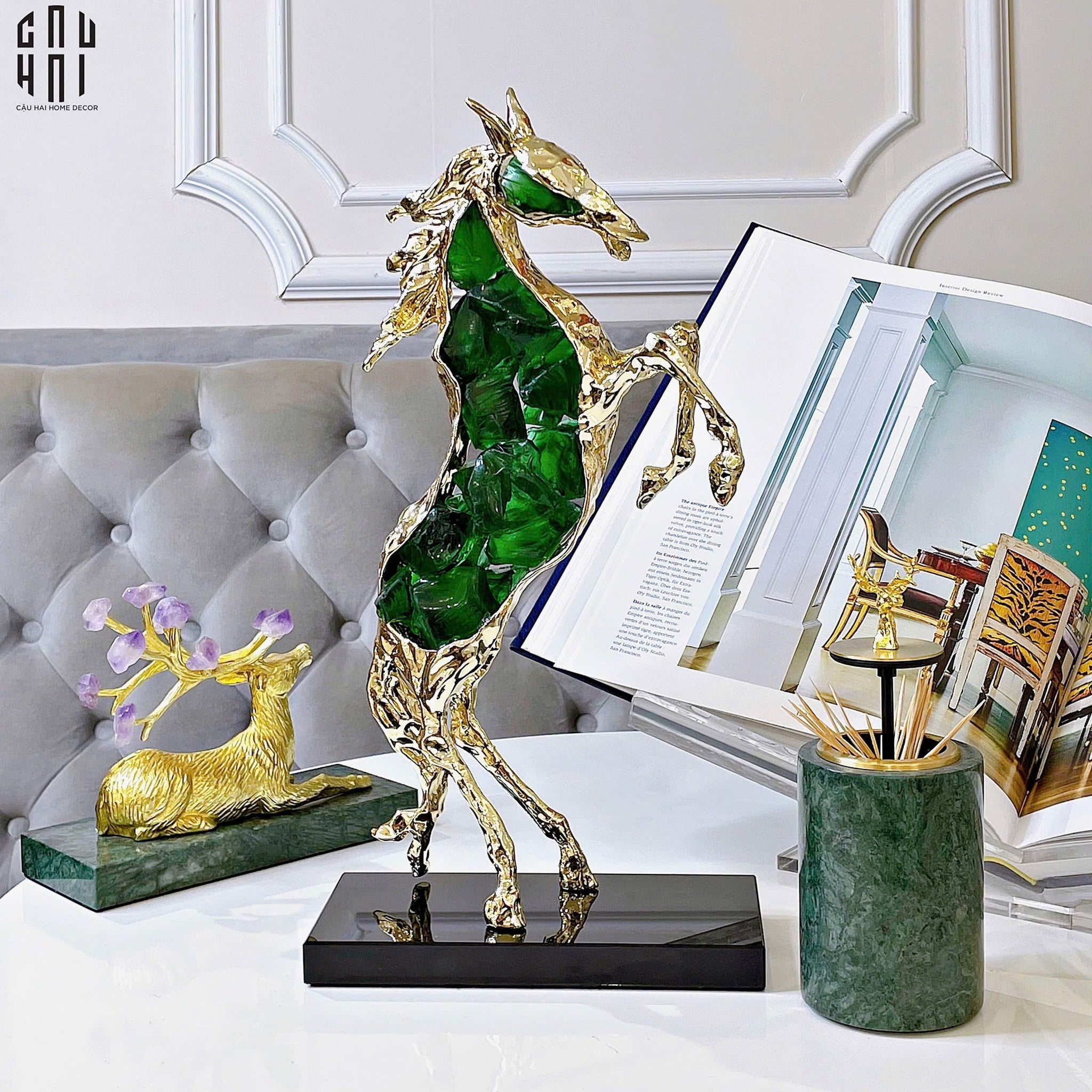 Maison Couture - Tượng Ngựa Bằng Đồng Đá Flotite Green - Brasson Équestre Cheval Émeraude 20x40-CẬU HAI HOME DECOR