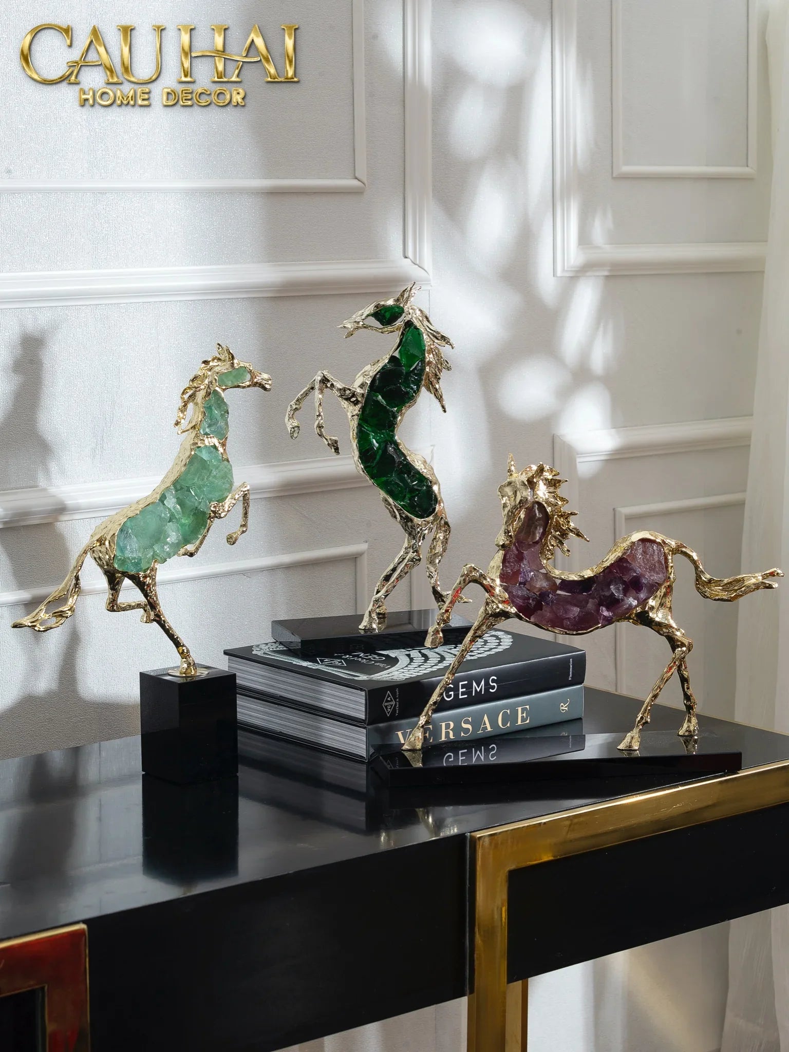 Maison Couture - Tượng Ngựa Bằng Đồng Đá Flotite Green - Brasson Équestre Cheval Émeraude 20x40-CẬU HAI HOME DECOR