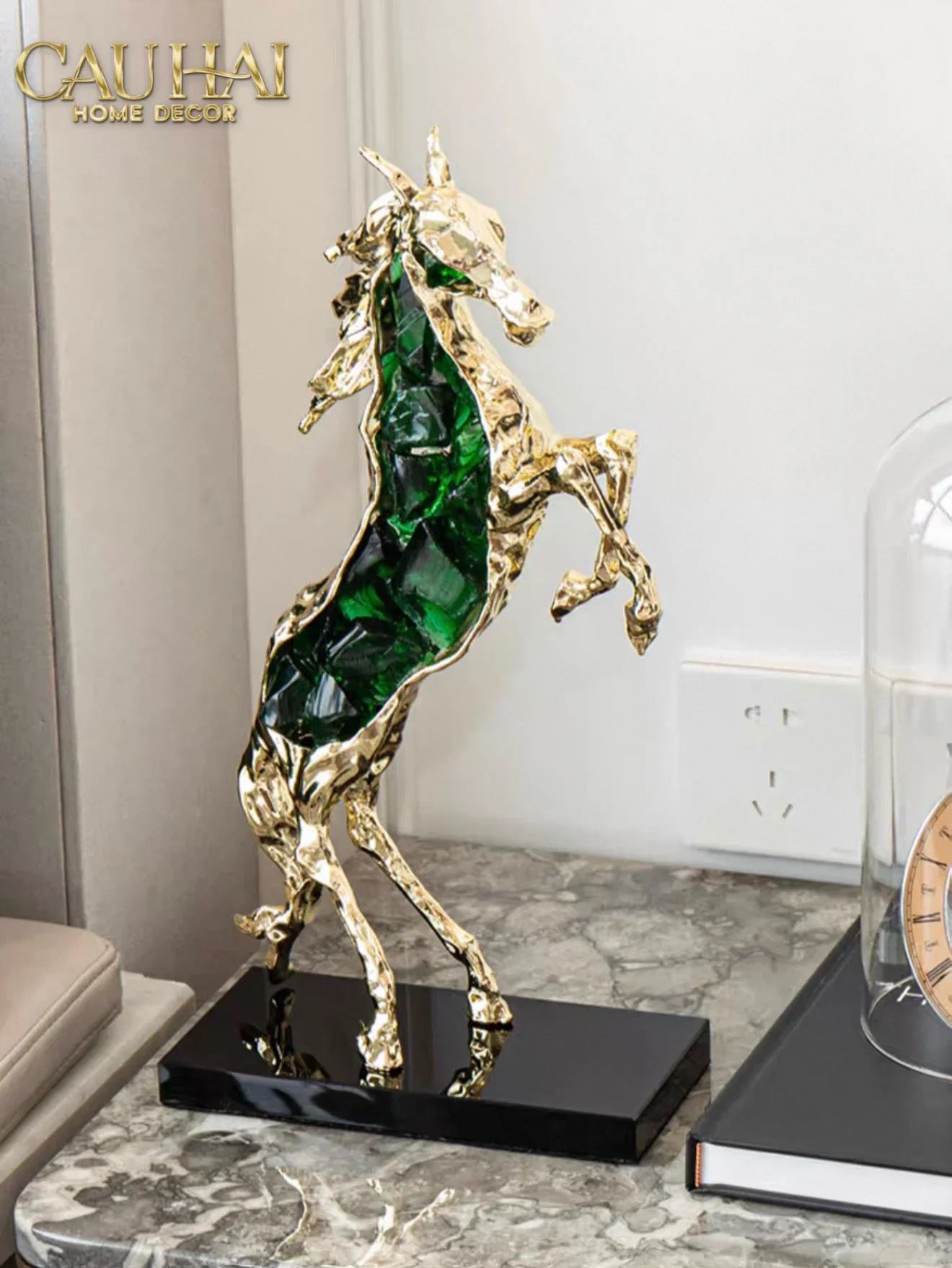 Maison Couture - Tượng Ngựa Bằng Đồng Đá Flotite Green - Brasson Équestre Cheval Émeraude 20x40-CẬU HAI HOME DECOR