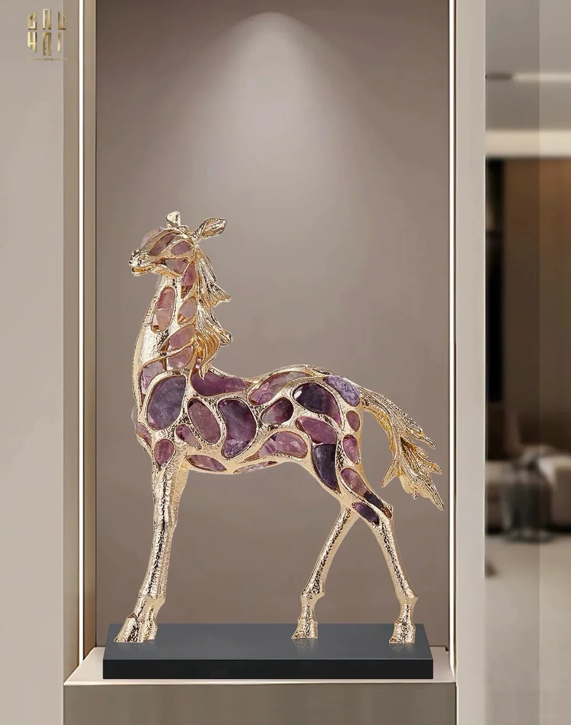 Maison Couture - Tượng Ngựa Đồng Đá Thạch Anh Tím - Thiên Mã Sentinel Prime Améthyste Stallion Équestre - 10x26x37-CẬU HAI HOME DECOR