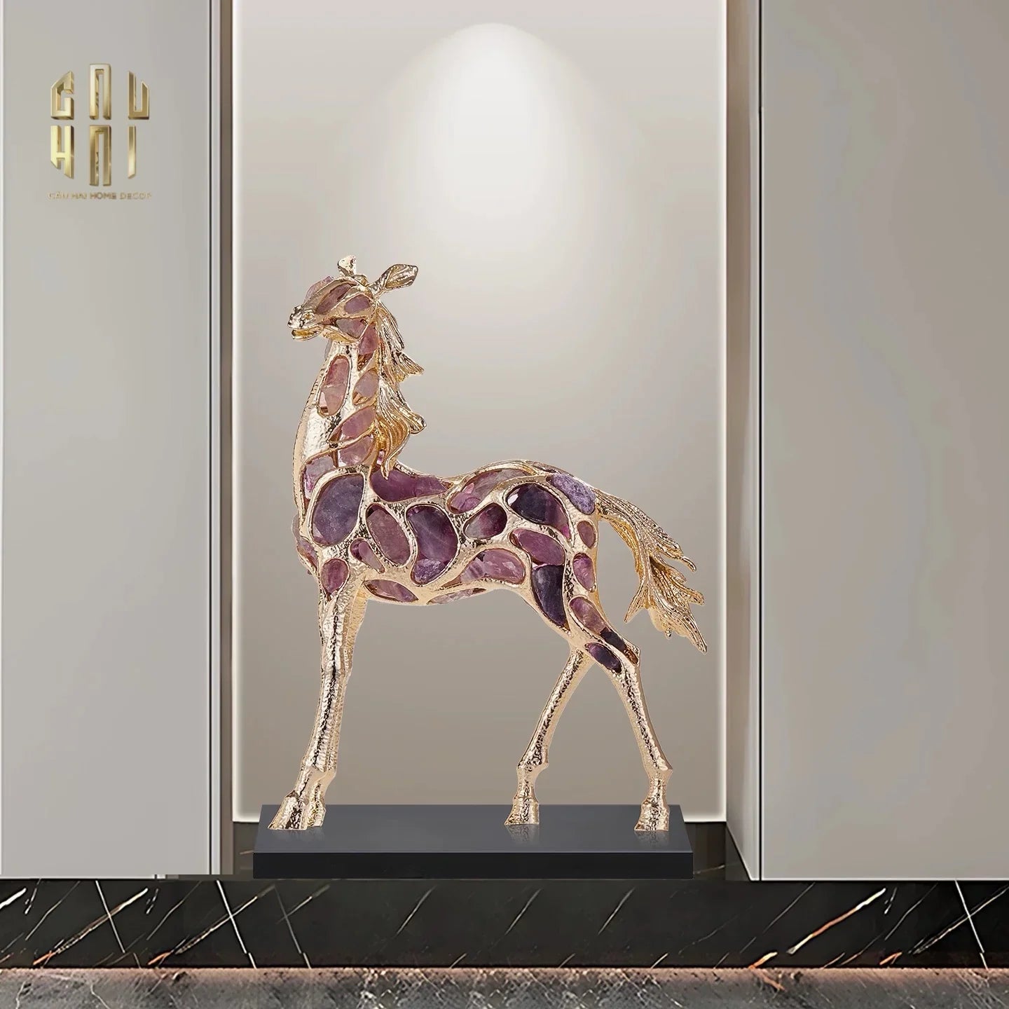 Maison Couture - Tượng Ngựa Đồng Đá Thạch Anh Tím - Thiên Mã Sentinel Prime Améthyste Stallion Équestre - 10x26x37-CẬU HAI HOME DECOR