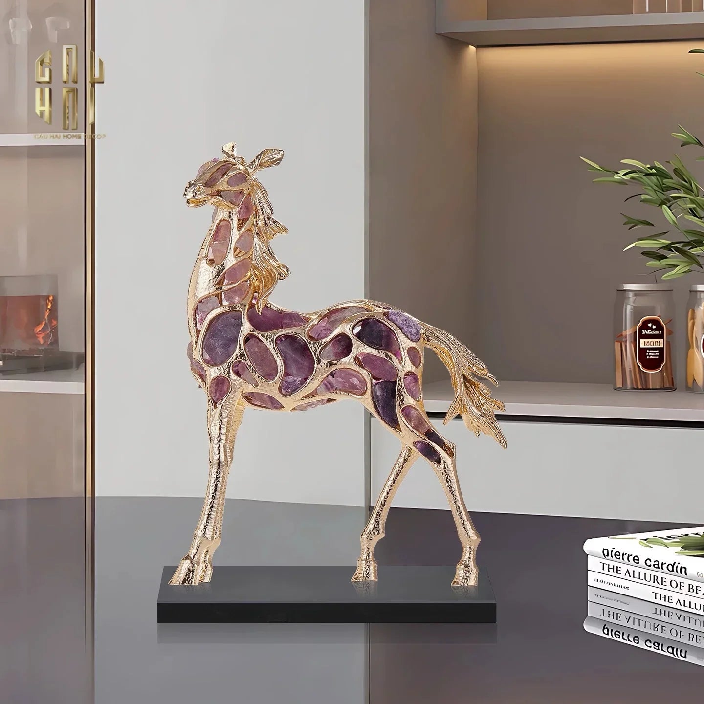 Maison Couture - Tượng Ngựa Đồng Đá Thạch Anh Tím - Thiên Mã Sentinel Prime Améthyste Stallion Équestre - 10x26x37-CẬU HAI HOME DECOR