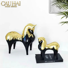 Maison Couture - Tượng Ngựa Gốm Mun Mài Dát Vàng Noir Laqué Feuille d’Or Tang Horse H24/H36-CẬU HAI HOME DECOR