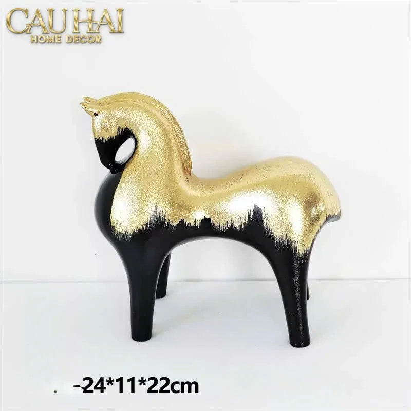 Maison Couture - Tượng Ngựa Gốm Mun Mài Dát Vàng Noir Laqué Feuille d’Or Tang Horse H24/H36-CẬU HAI HOME DECOR