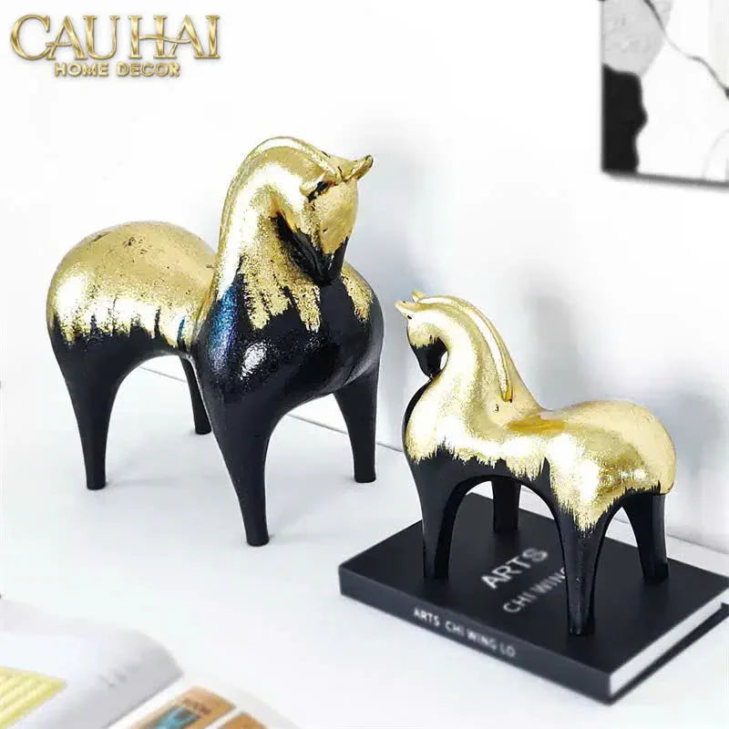 Maison Couture - Tượng Ngựa Gốm Mun Mài Dát Vàng Noir Laqué Feuille d’Or Tang Horse H24/H36-CẬU HAI HOME DECOR