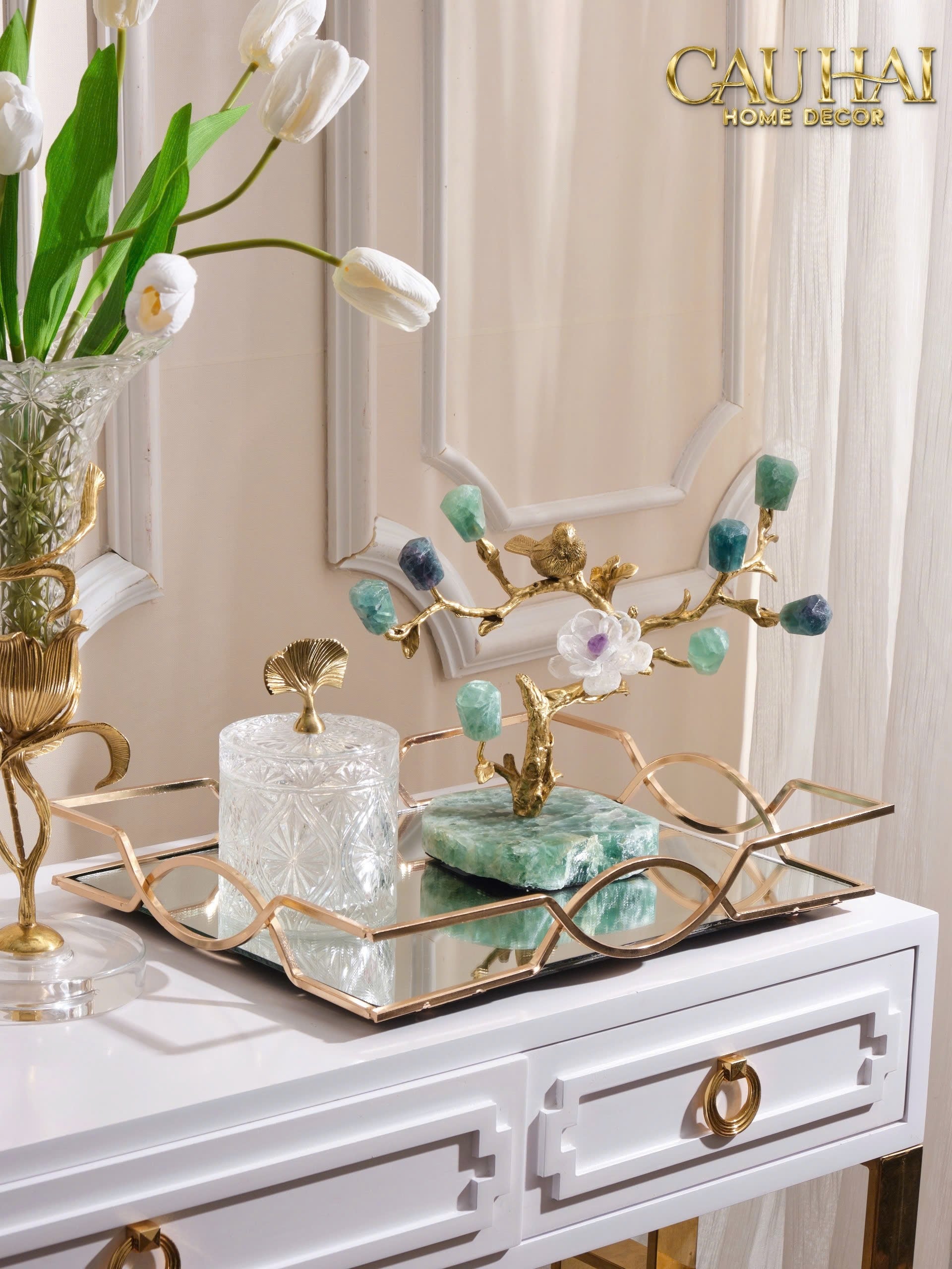 Maison Couture - Tượng Nhân Sâm Bằng Đồng Đá Thạch Anh Xanh - Brasson Aventurine Quartz - Root Of Eternity 9x30x27-CẬU HAI HOME DECOR