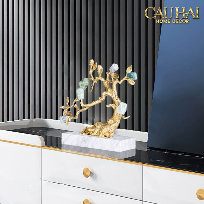 Maison Couture - Tượng Nhân Sâm Bằng Đồng Đá Thạch Anh Xanh - Brasson Aventurine Quartz - Root Of Eternity 9x30x27-CẬU HAI HOME DECOR